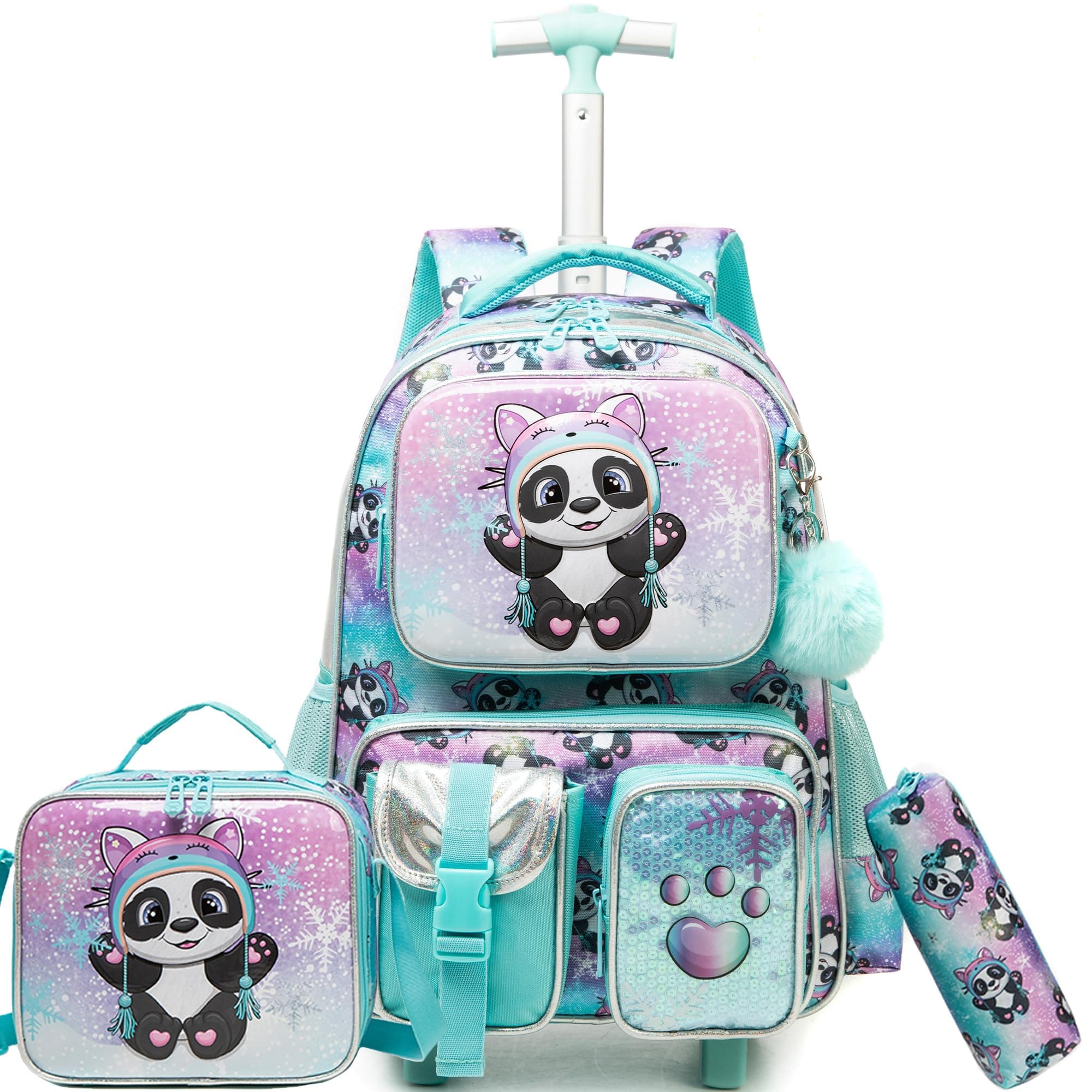 Meetbelify Kids Rolling Backpack with Wheels for Girls Rolling Backpacks with Lunch Box for Elementary School Students 3 in 1 Cute Panda Travel Luggage Suitcase for Girls Age 8-10