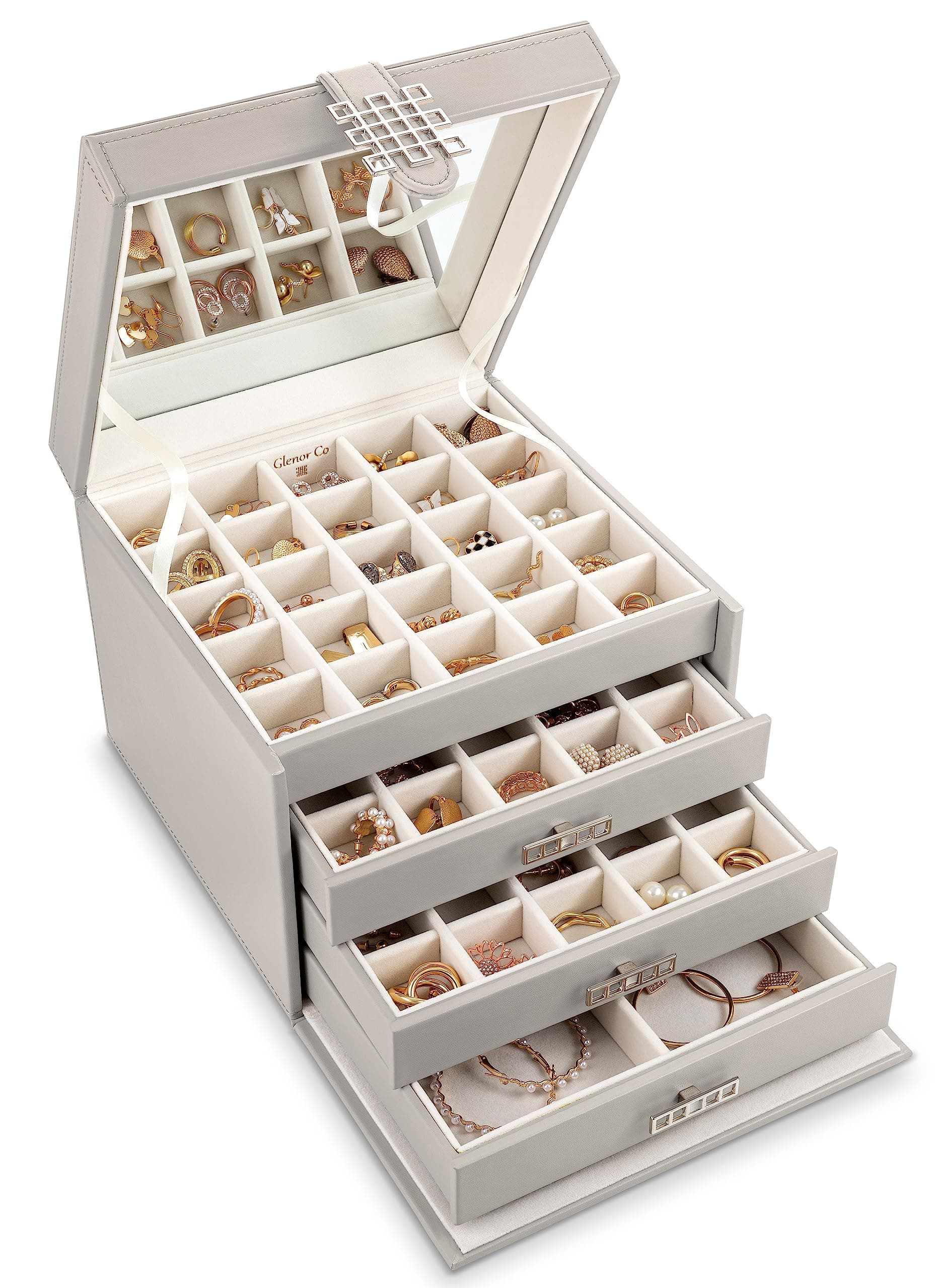Glenor Co Earring Organizer Holder - 75 Small & 4 Large Slots Classic Jewelry Box with Drawer & Modern Closure, Mirror, 4 Trays Earrings, Ring or Chain Storage - PU Leather Case - Grey