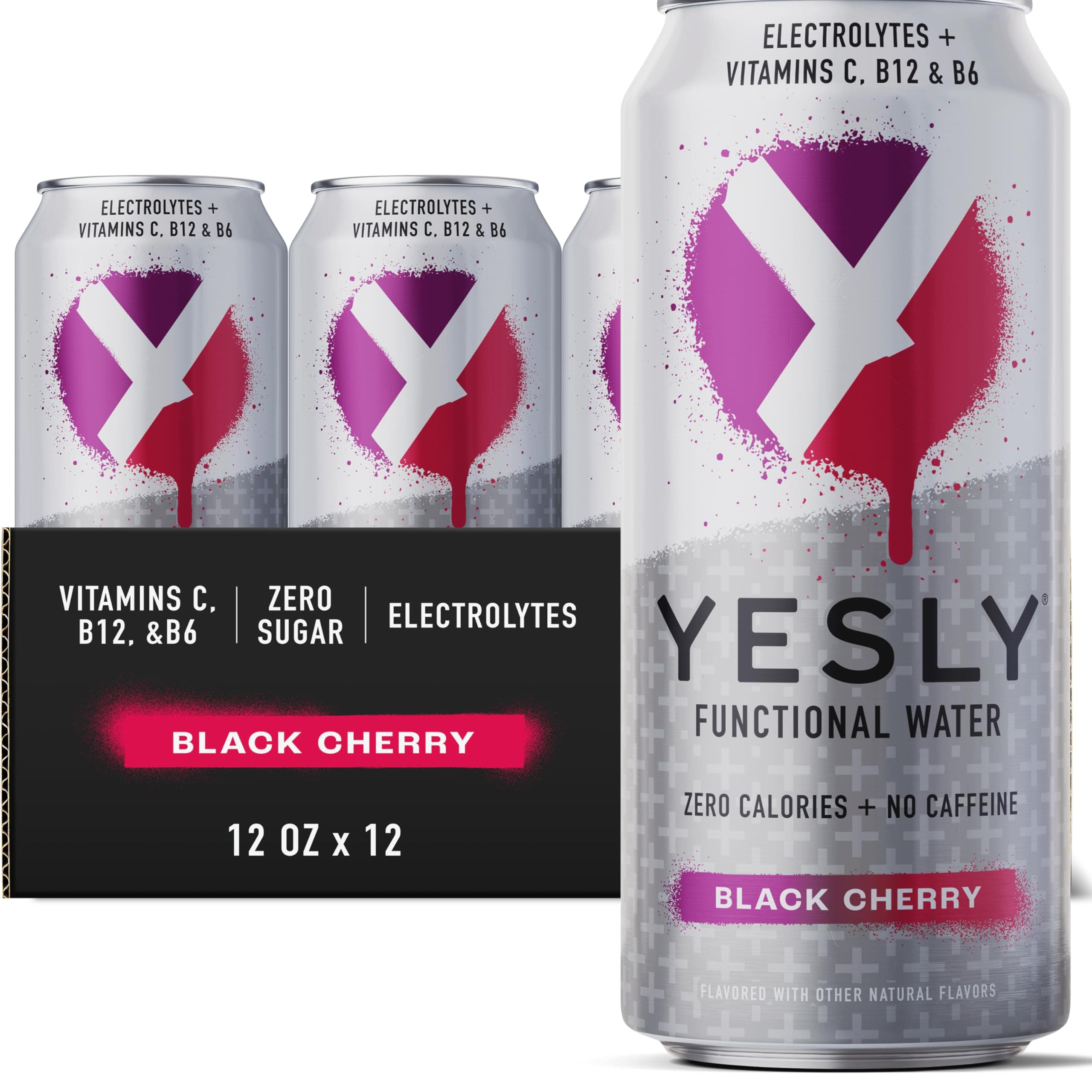 - Yesly Functional Water, Black Cherry, Naturally Flavored Still Water with Electrolytes, Magnesium, Potassium, Vitamin C, B6 & B12, Zero Sugar, No Artificial Sweeteners, 16 Fl Oz Cans, 12 Pack