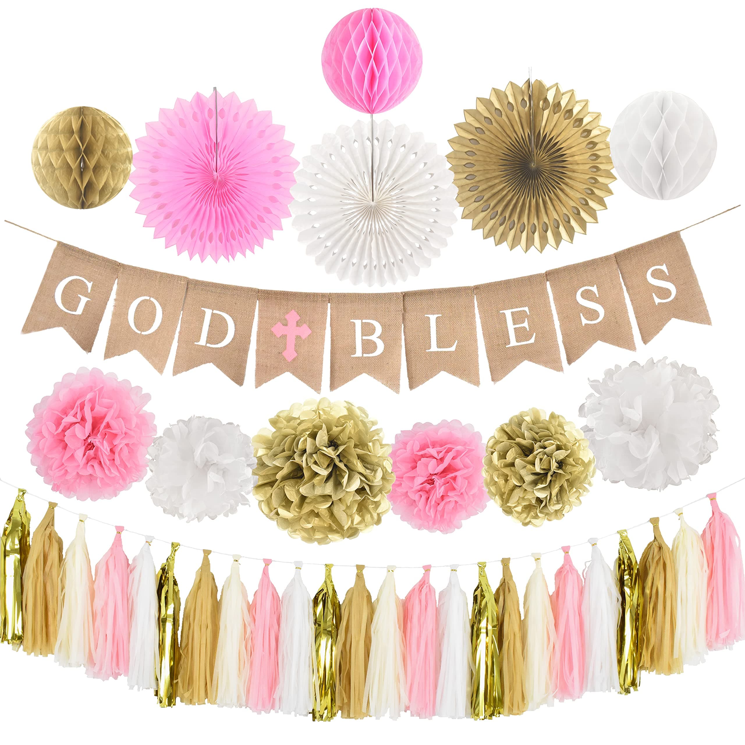 Baptism Decorations for Girl - First Communion Decor - God Bless High Quality Burlap Banner With Pink Cross, Honeycomb, Paper fan, Paper Tassel, Pompoms - Bautizo Decorations By Antsik'Aby