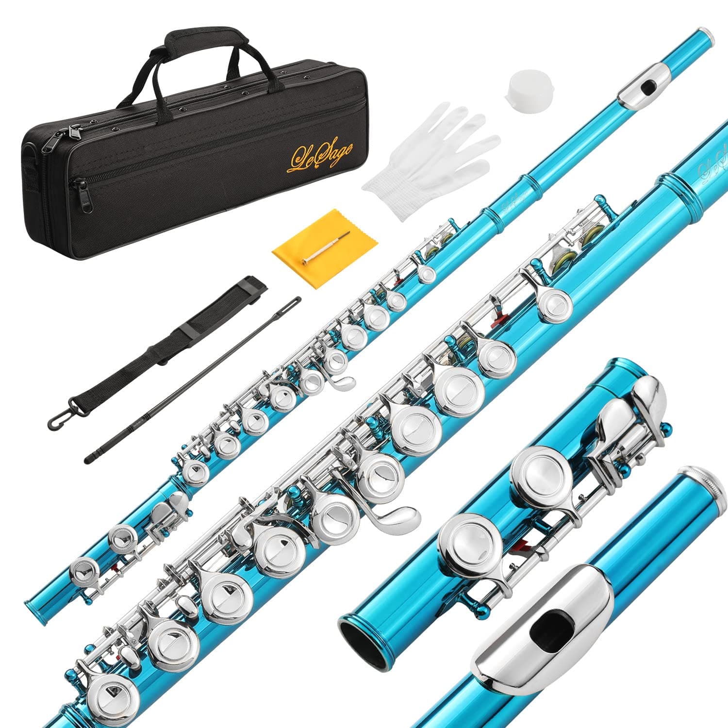 LeSage Closed Hole C Flute 16 Key Blue Flute for Beginner Starter Student with Case, Maintenance Kit, Cleaning Cloth, Band C Foot Offset G Y-arm