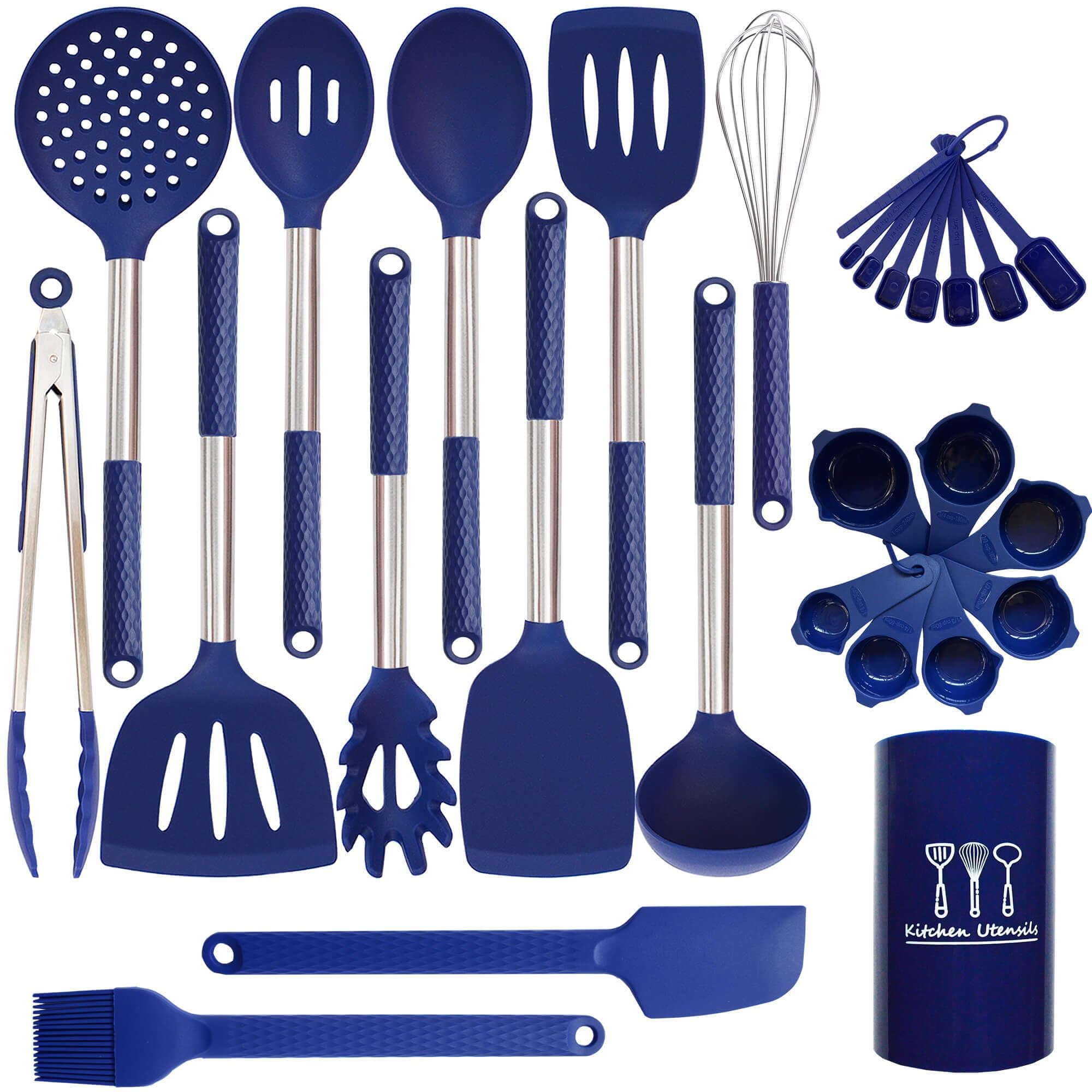 Silicone Kitchen Utensils Set - 28 Pieces Cooking Utensils Set Non-Stick Heat Resistance Silicon with Stainless Steel Handle - Royal Blue