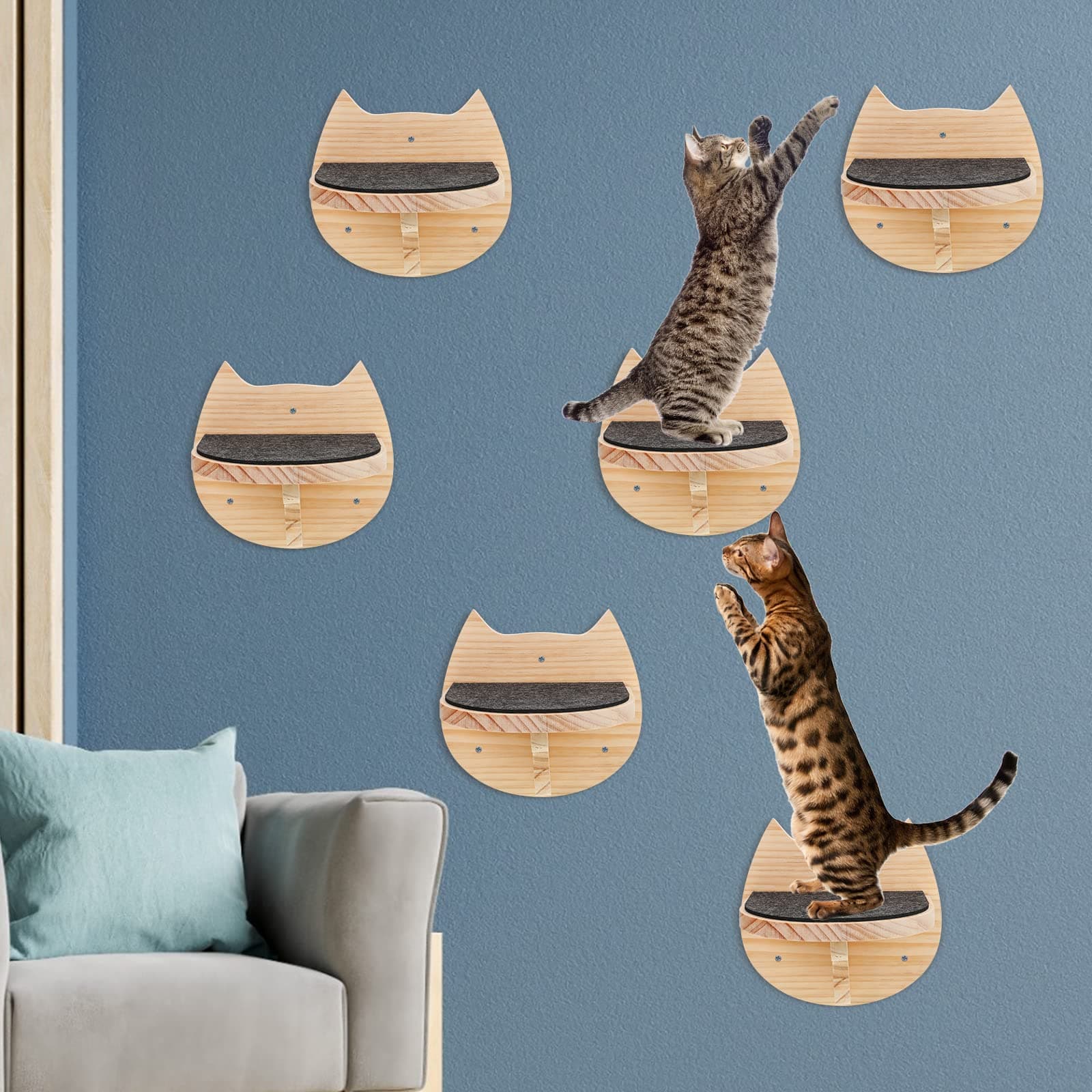 Handepo 6 Pcs Wall Mounted Cat Shelves With Scratching Mat - Stairs, Steps, Ladder, Climbing Perch Supplies for Indoor Playing