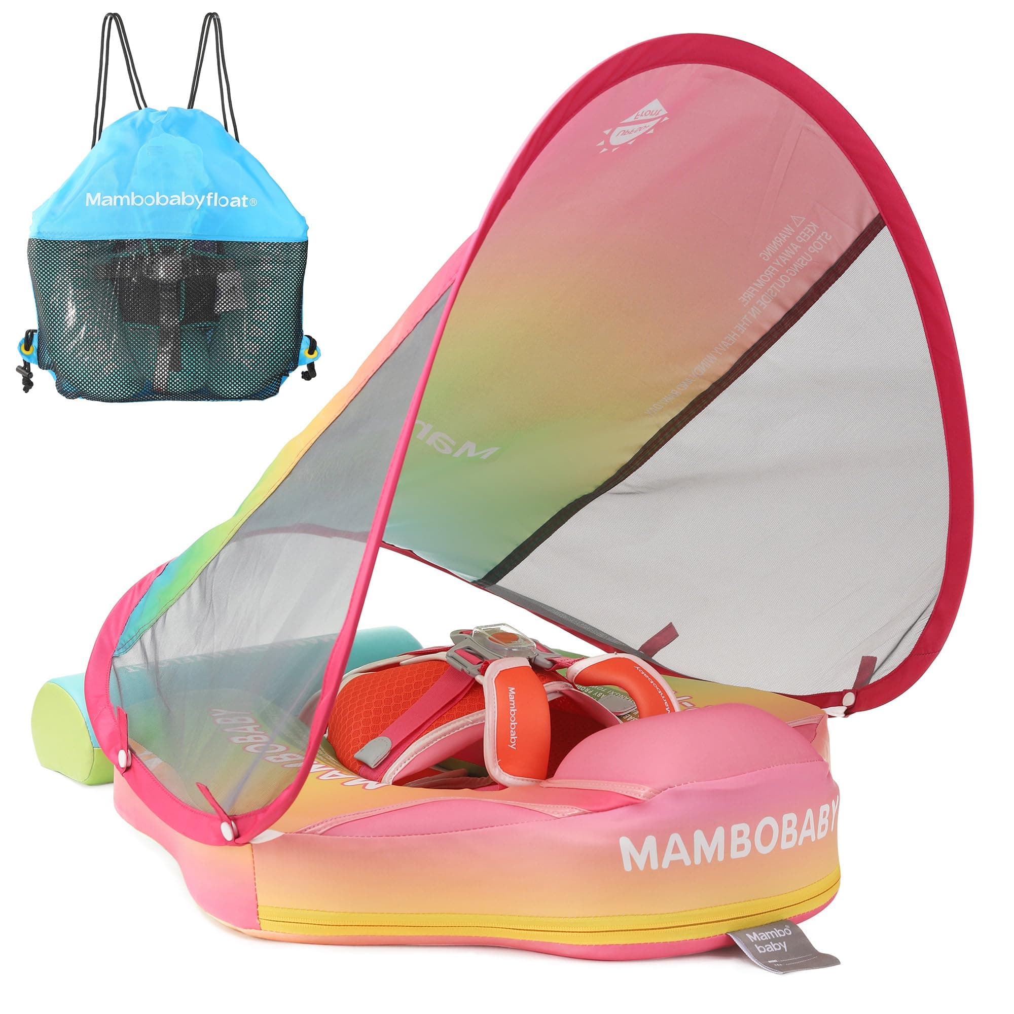 Mambobaby Float Add Tail Baby/Infant Swim Float with Canopy, Non-Inflatable Solid Upgrade Soft Waterproof Skin-Friendly Leather Material (Deluxe Edition Rainbow)