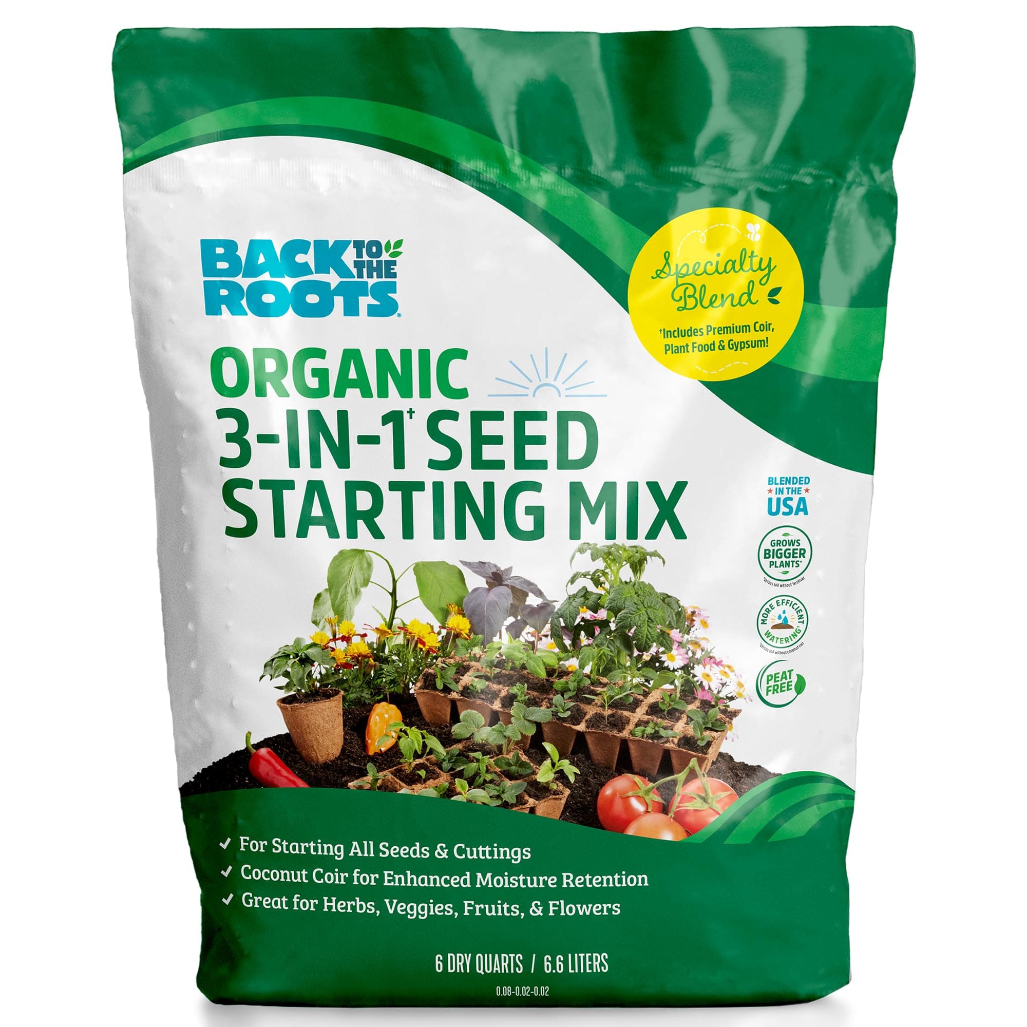 Back to the Roots 3-in-1 Seed Starting Mix 6 Quarts, 100% Organic & USA Made for Herbs, Veggies, Flowers, w/Nutrient Rich Plant Food, Worm-Castings, & Moisture Controlling Yucca Brown