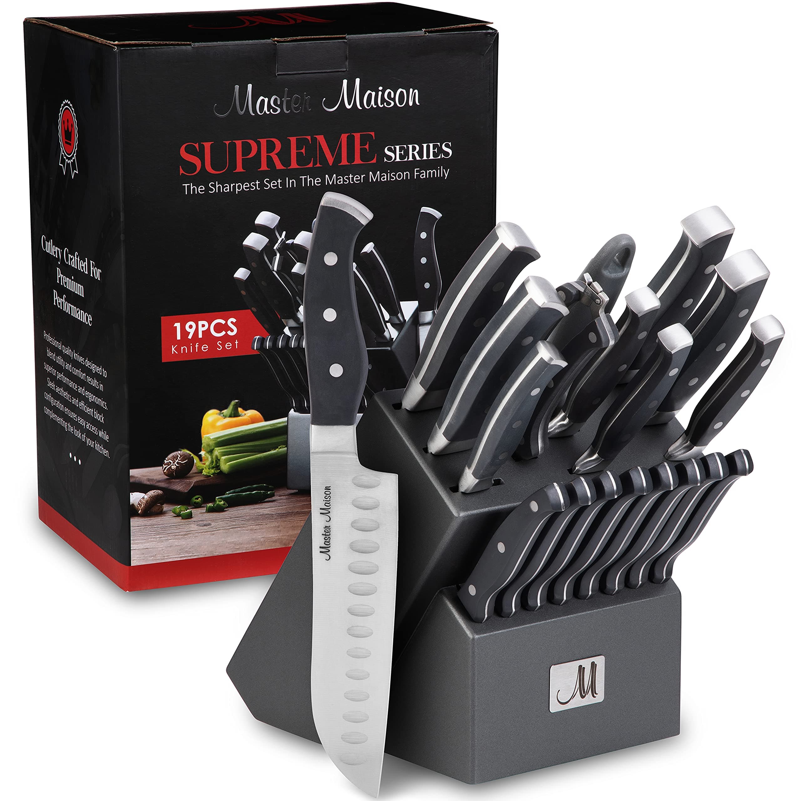 Master Maison 19-Piece Kitchen Knife Set with Wooden Block and Knife Sharpener - Stainless Steel Cutlery Set in Block - Professional Master Maison Kitchen Knives Sets (Gray)
