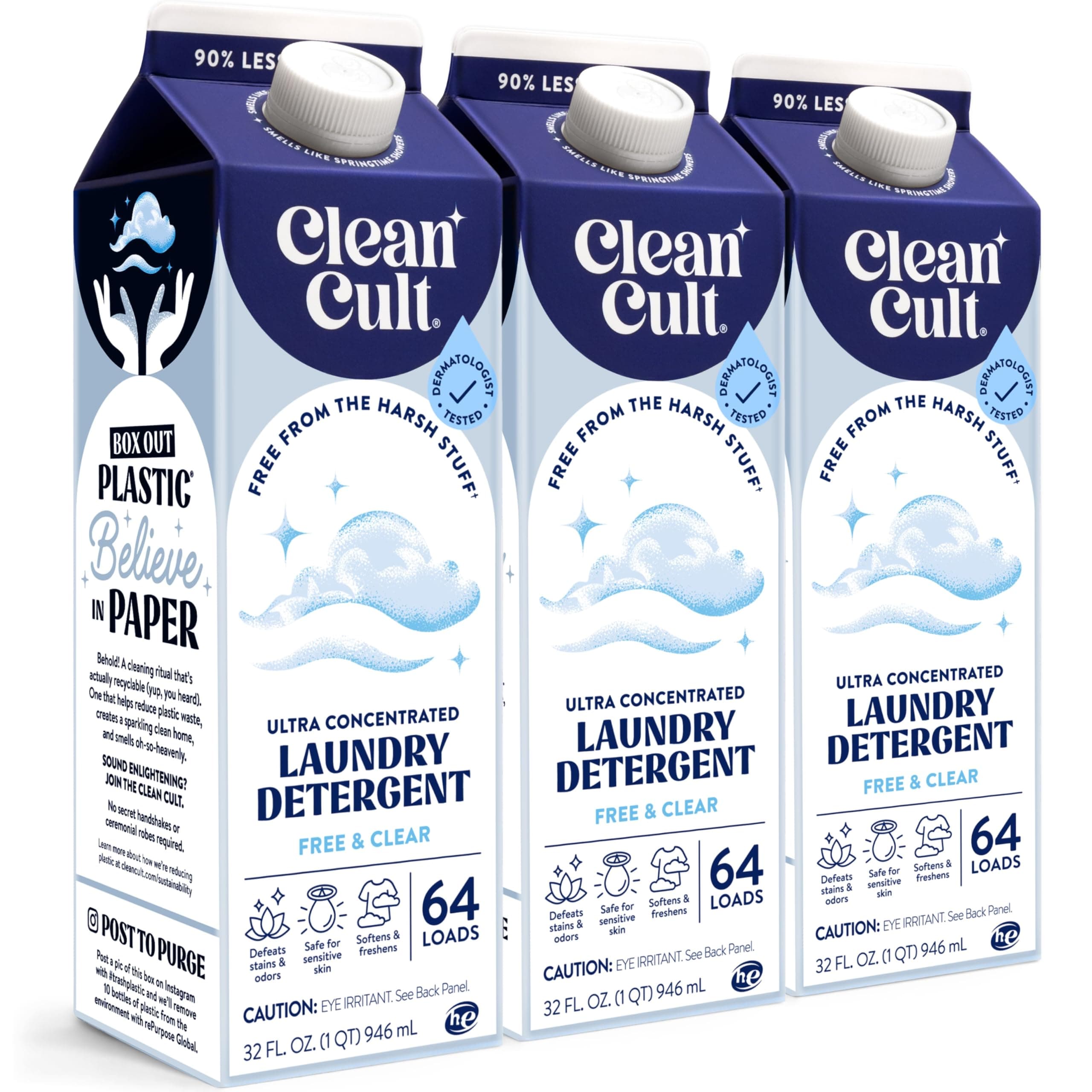 Cleancult Natural Liquid Laundry Detergent Refill, Unscented, 96 Loads, HE Compatible, 32 oz, 3 Pack, Eco Friendly & Cruelty Free