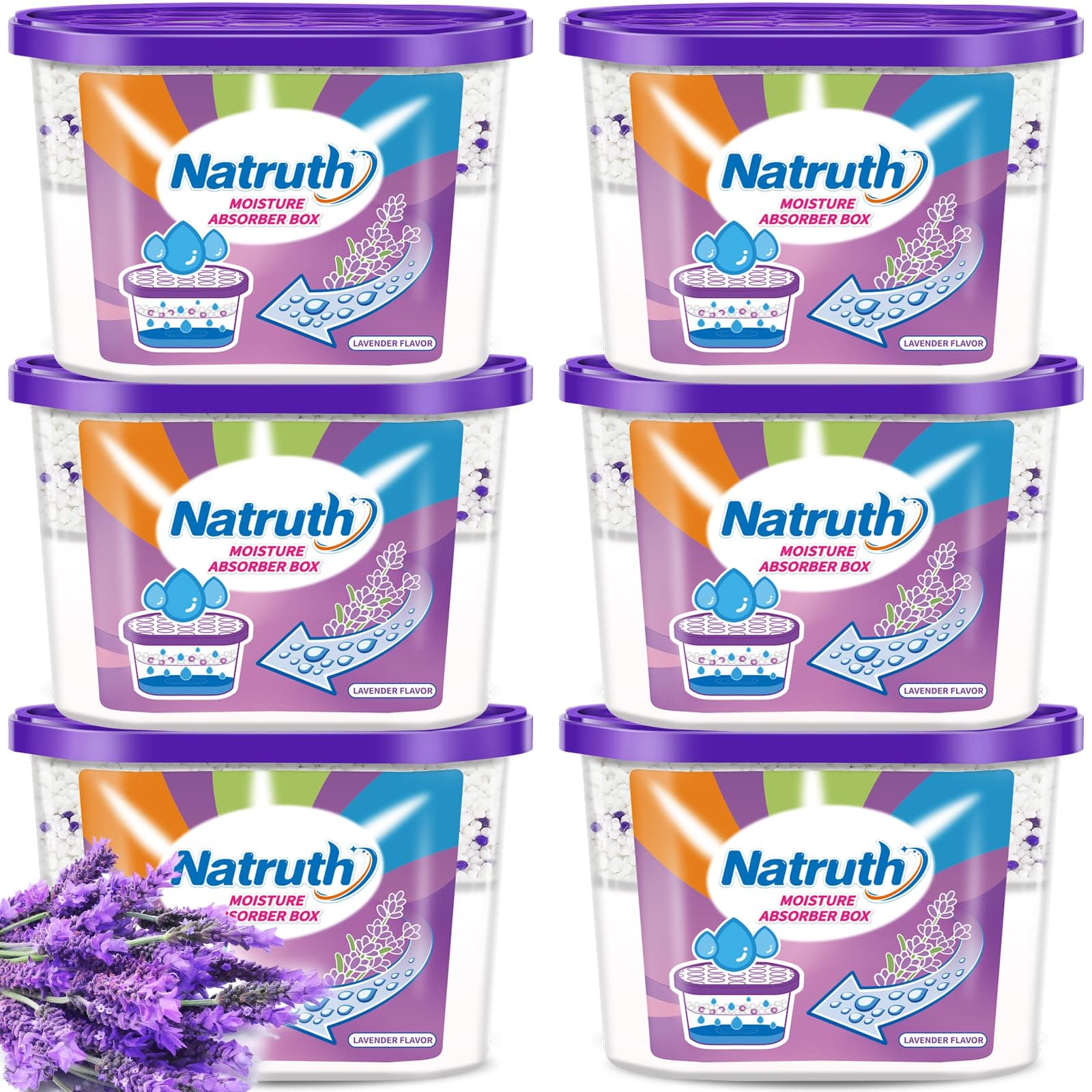NATRUTH Moisture Absorber Boxes with Lavender 500mL (6 Packs), Closet Dehumidifier, Eradicate Odor,Moisture Absorber, Dehumidifier for Closet,Bathrooms, Kitchen & Study, Boats,RVs and More (6)