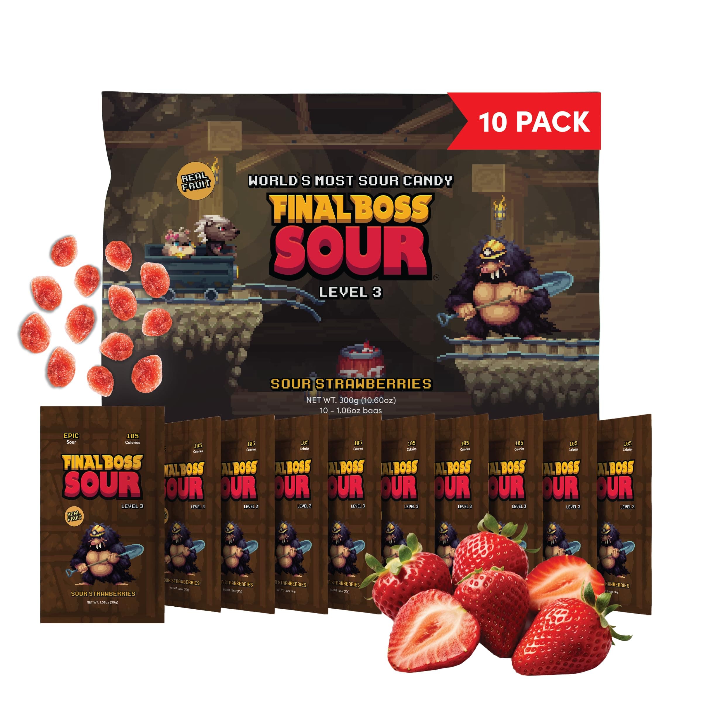 Final Boss Sour Candy, Sour Strawberries, 10 Pack, Level 3, Fruit Chews with Real Dried Fruit, No Artificial Colors or Flavors, Low Calorie Snack for Kids, Teens, Adults, Lunch Boxes