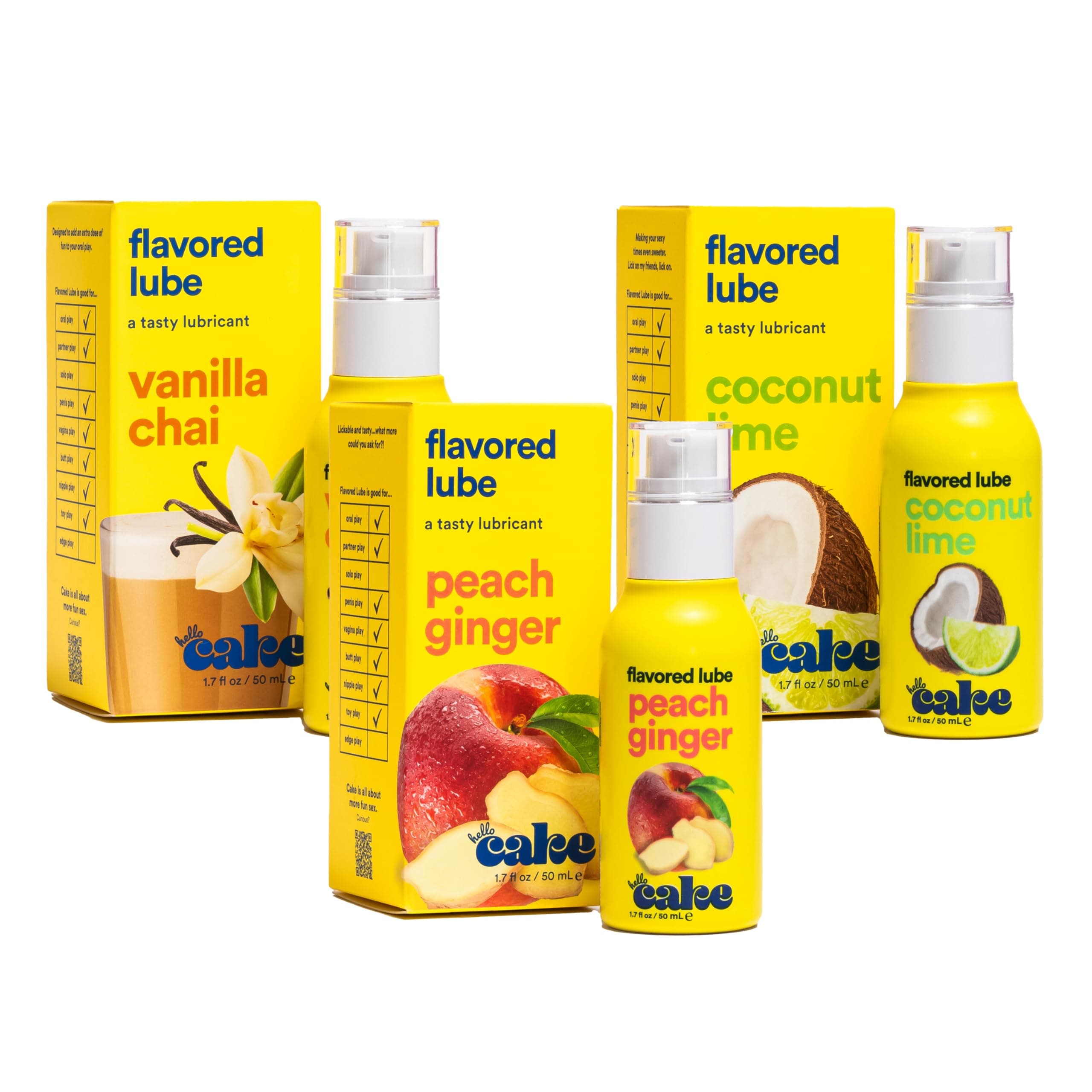 Hello Cake Flavor Lube Variety Pack, Water-Based Flavored Personal Lubricants - Includes Peach Ginger, Vanilla Chai, and Coconut Lime – Made Without Added Sugar, Easy Clean-Up, 1.7 fl oz Each
