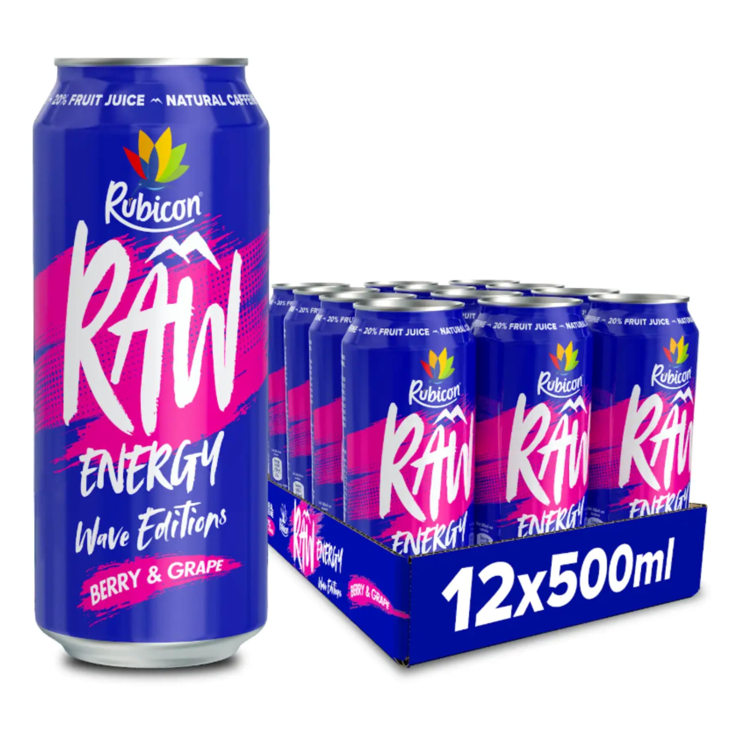 RAW 12 Pack Berry & Grape Wave Edition Energy Drink, 20% Real Fruit Juice, High caffeine with B-Vitamins, Ginseng & Guarana, No Artificial Colours or Flavours, Reduce Tiredness & Boost Energy