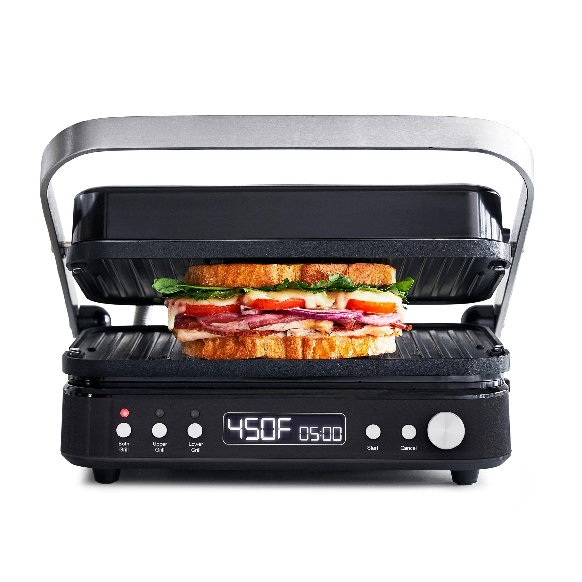 6-in-1 Multifunction Contact Grill & Griddle, Healthy Ceramic Nonstick Reversible Grill & Griddle Plates, Dual Heat Settings, Closed Panini Press, Open Flat Surface, PFAS-Free, Matte Black