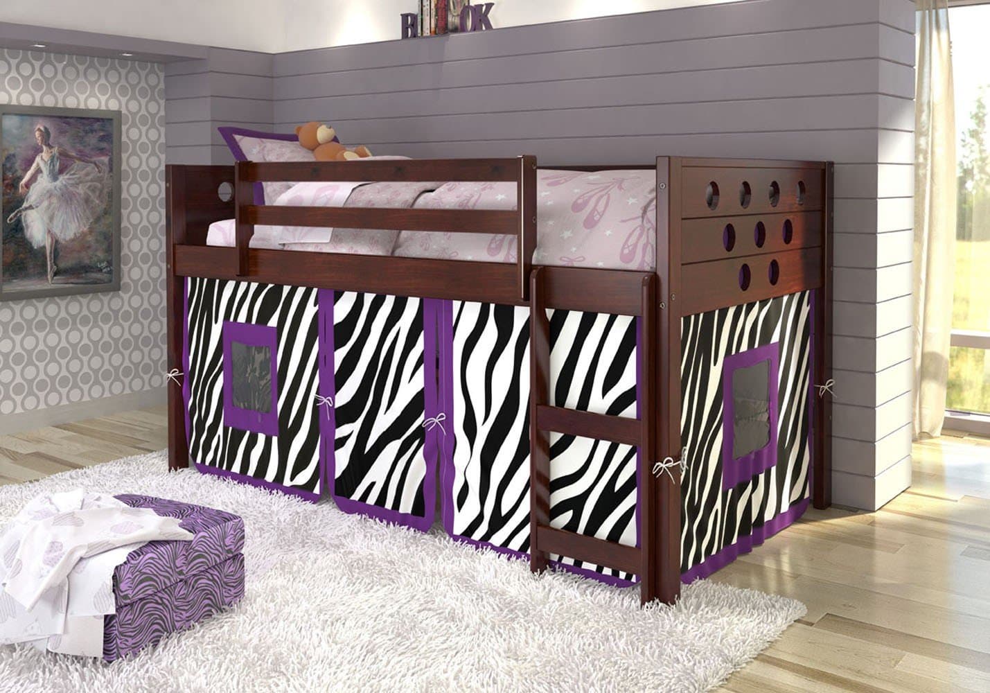 Tent Kit for Low Bunk Beds in Purple Zebra & Free Storage Pockets