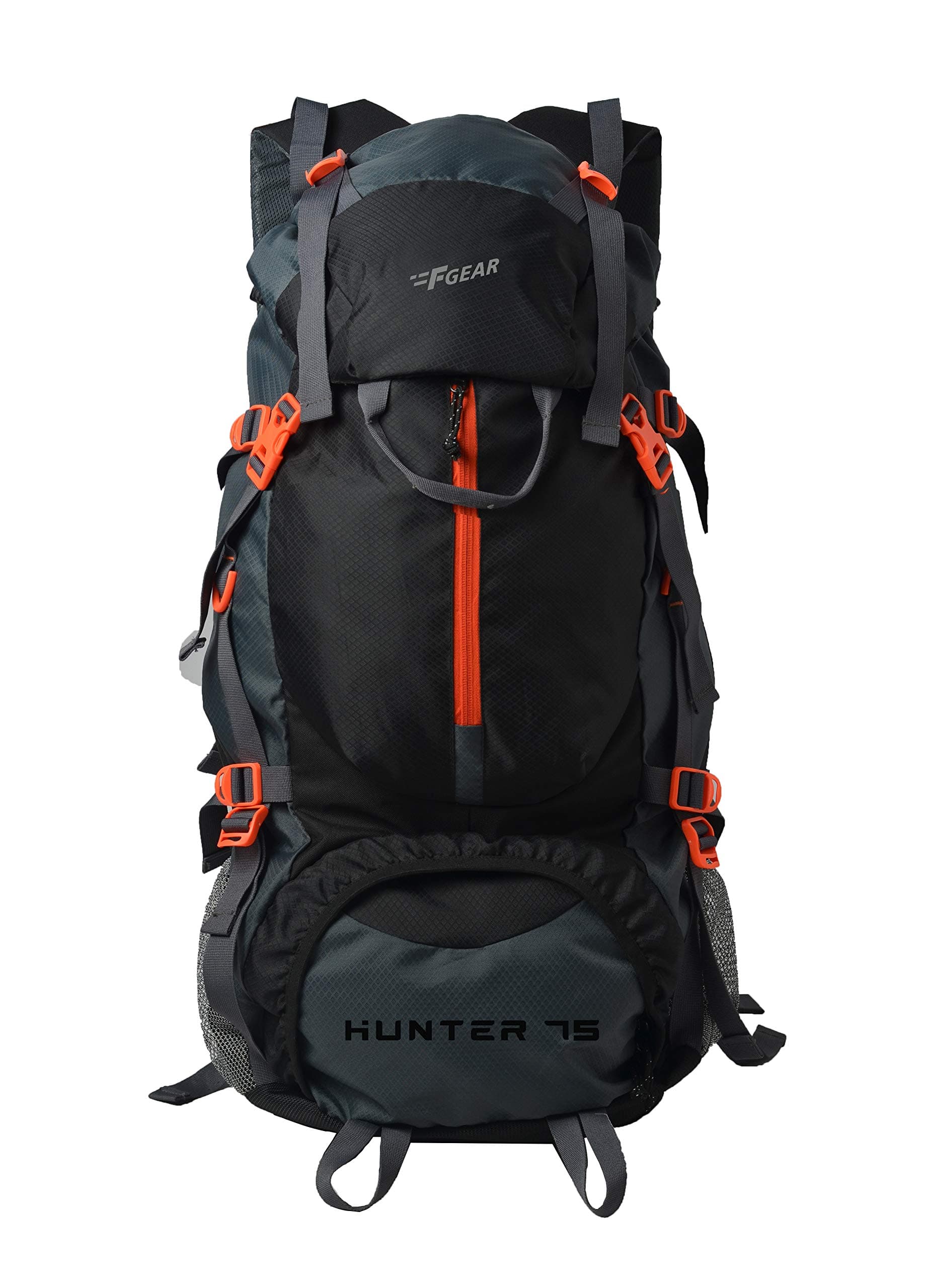 Hunter Black Grey Diamond 75L Rucksack with Shoe Compartment & Raincover | 1 Compartment & 2 Pockets | Water-Resistant Durable | Fits Upto 17 Inch Laptop | Ideal for Trekking, Hiking & Camping
