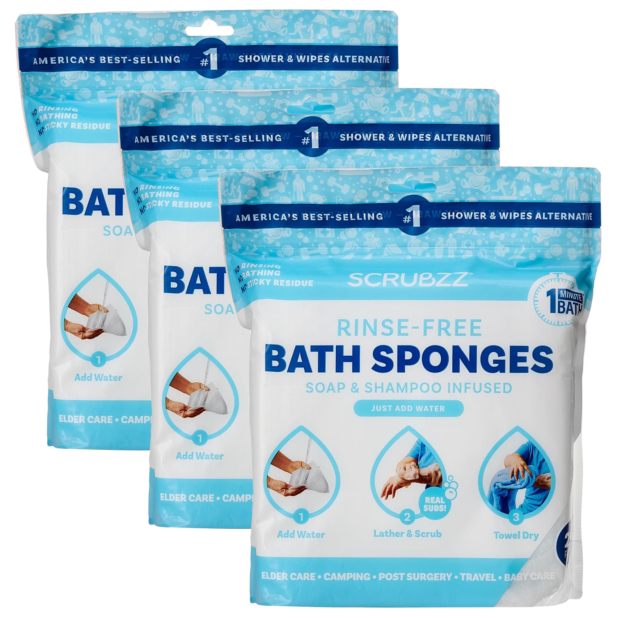 Scrubzz Disposable No Rinse Bathing Wipes - All-in-1 Single Use Shower Wipes, Simply Dampen, Lather, and Dry Without Shampoo or Rinsing, 75 Count (3 Pack)