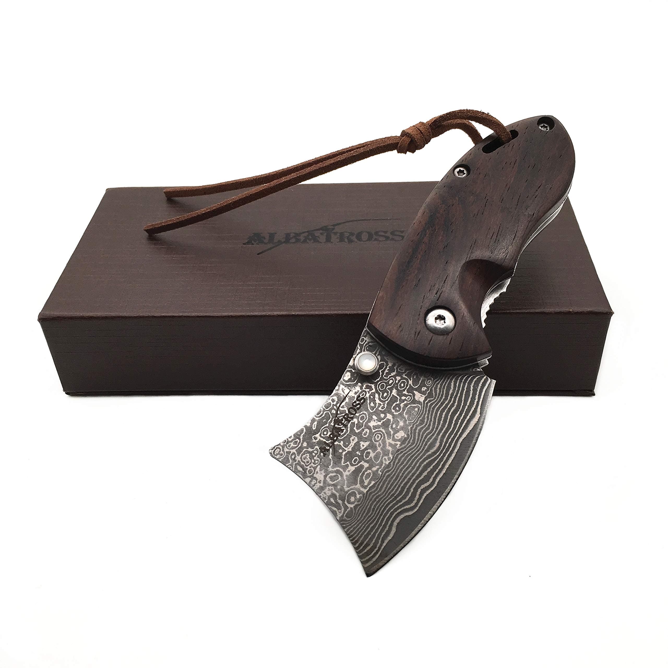 ALBATROSS Premium EDC Mini Damascus Folding Pocket Knife - 2" Blade, Genuine Sandalwood Handle, Liner Lock, Everyday Carry for Camping, Hunting, Outdoor Adventures, Great Gift for Men - HGDK002