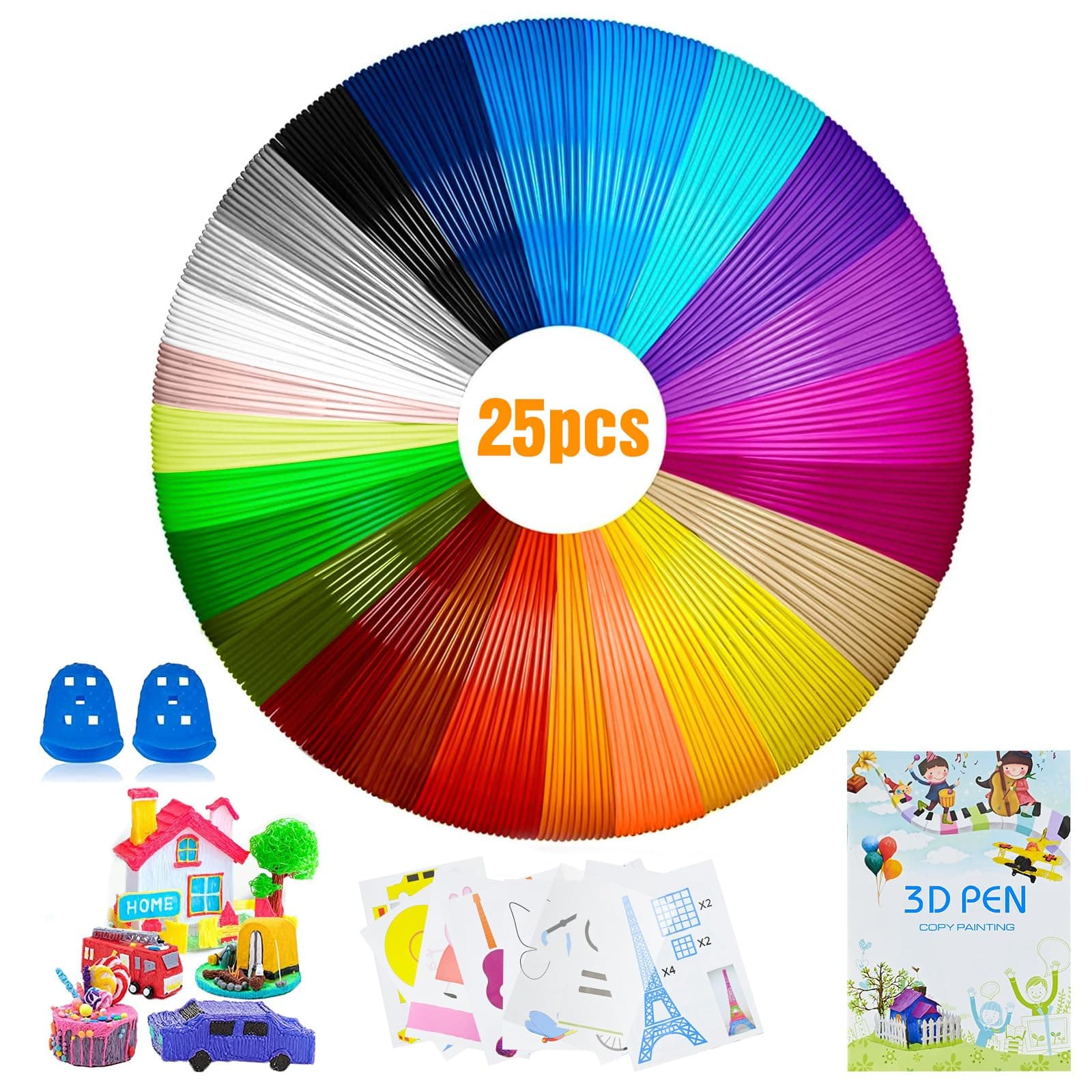 3D Pen Filament 1.75 mm PLA, 3D Pen Filament 25 Colours, 5 m Each, with 3D Printing Book Copy Board and 2 Finger Protectors, 3D Pen Accessories Filament for ODRVM, Tecboss, Lovebay and 3D Printer Pen