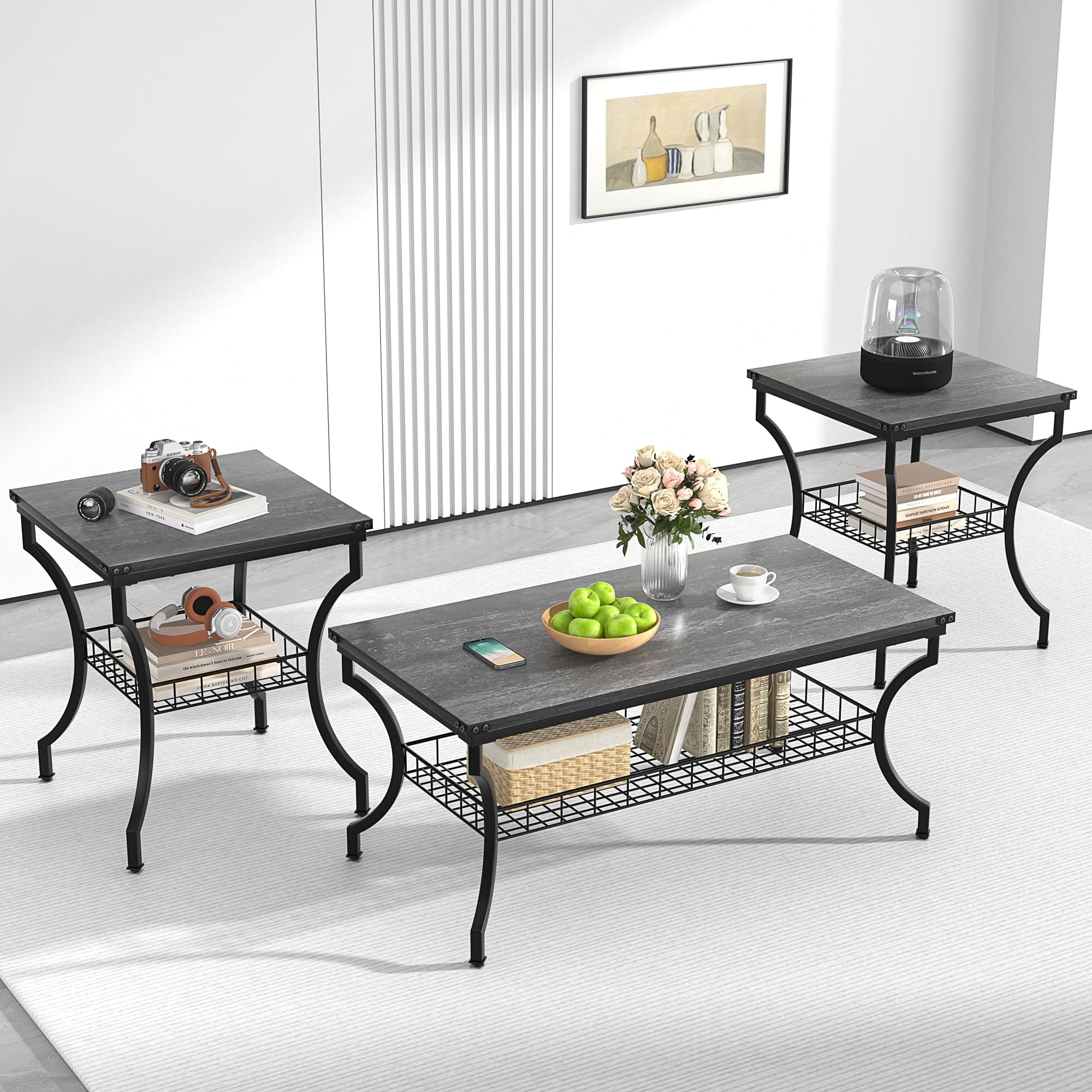 3 Pieces Living Room Table Sets, Coffee and End Tables with Open Storage Shelves for Apartment, Home Office, Small Space, Easy Assembly, Dark Grey
