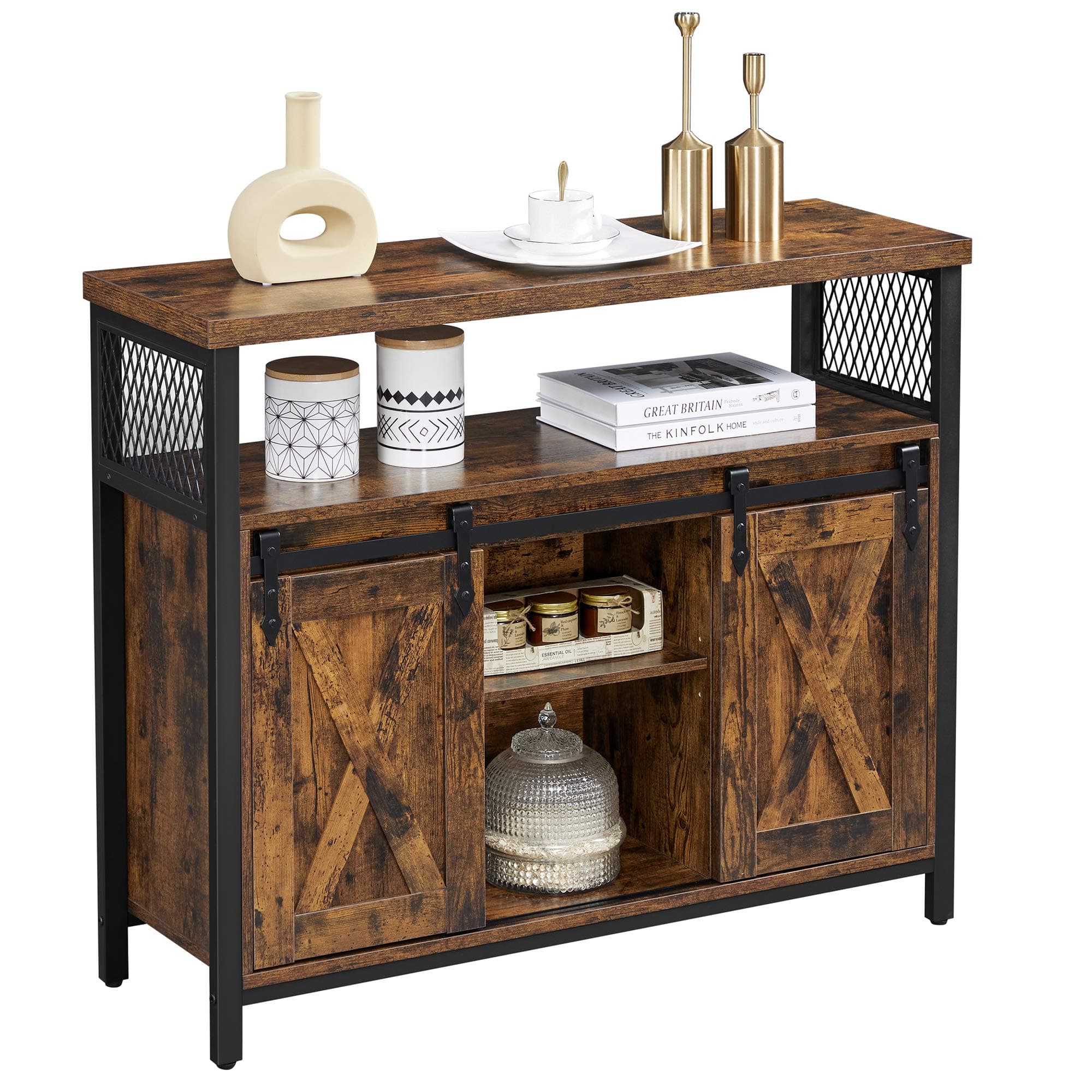 VASAGLE Buffet Cabinet, Coffee Bar Storage Cabinet, Sideboard with 2 Sliding Barn Doors, Adjustable Shelves, 13 x 39.4 x 31.5 Inches, for Living Room, Rustic Brown and Ink Black ULSC092B01