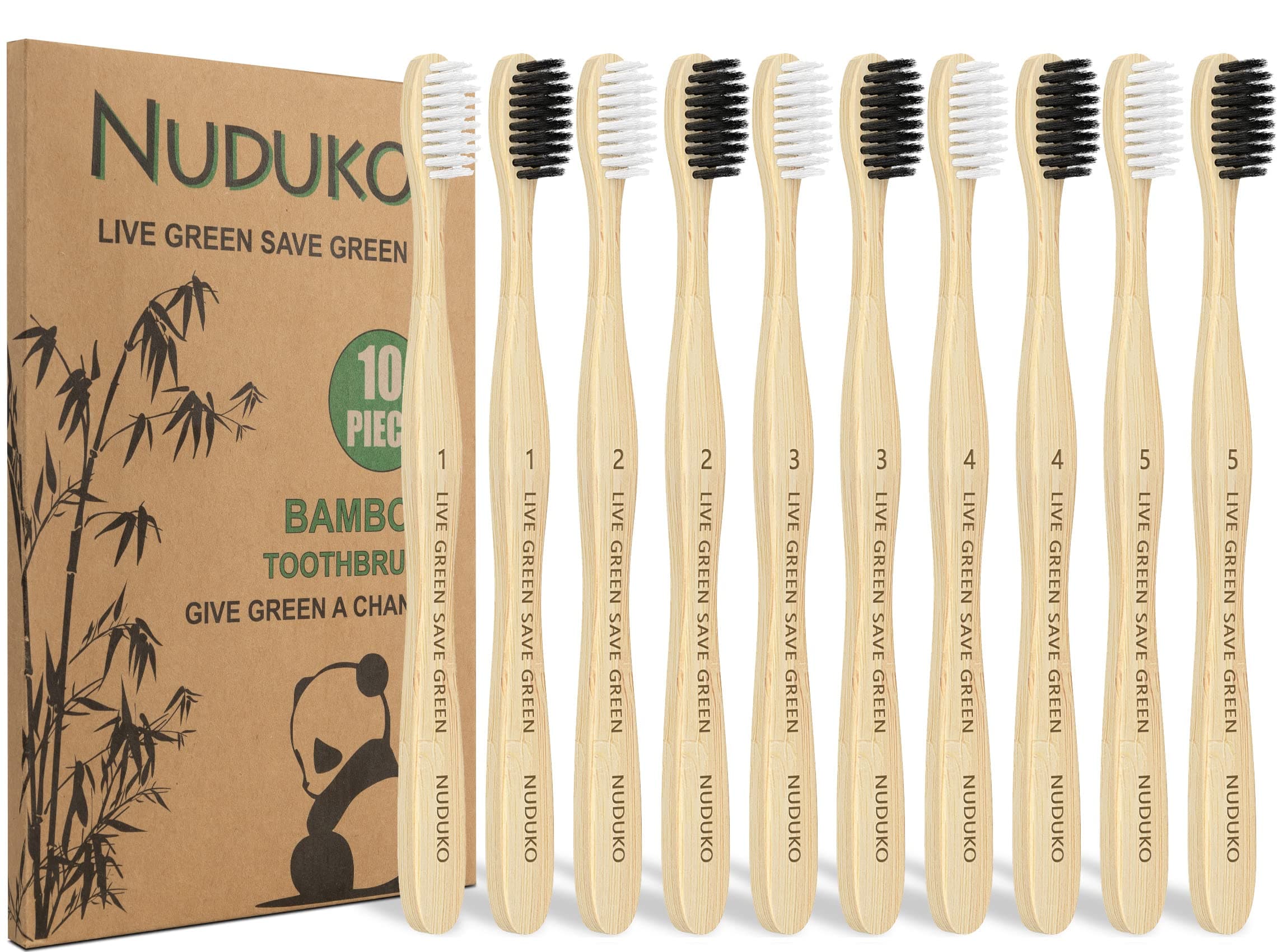 NUDUKO Bamboo Toothbrush Soft Bristles Biodegradable Eco-Friendly Toothbrush Pack of 10 BPA Free Charcoal Bamboo Toothbrush Organic Natural Green Compostable Toothbrush