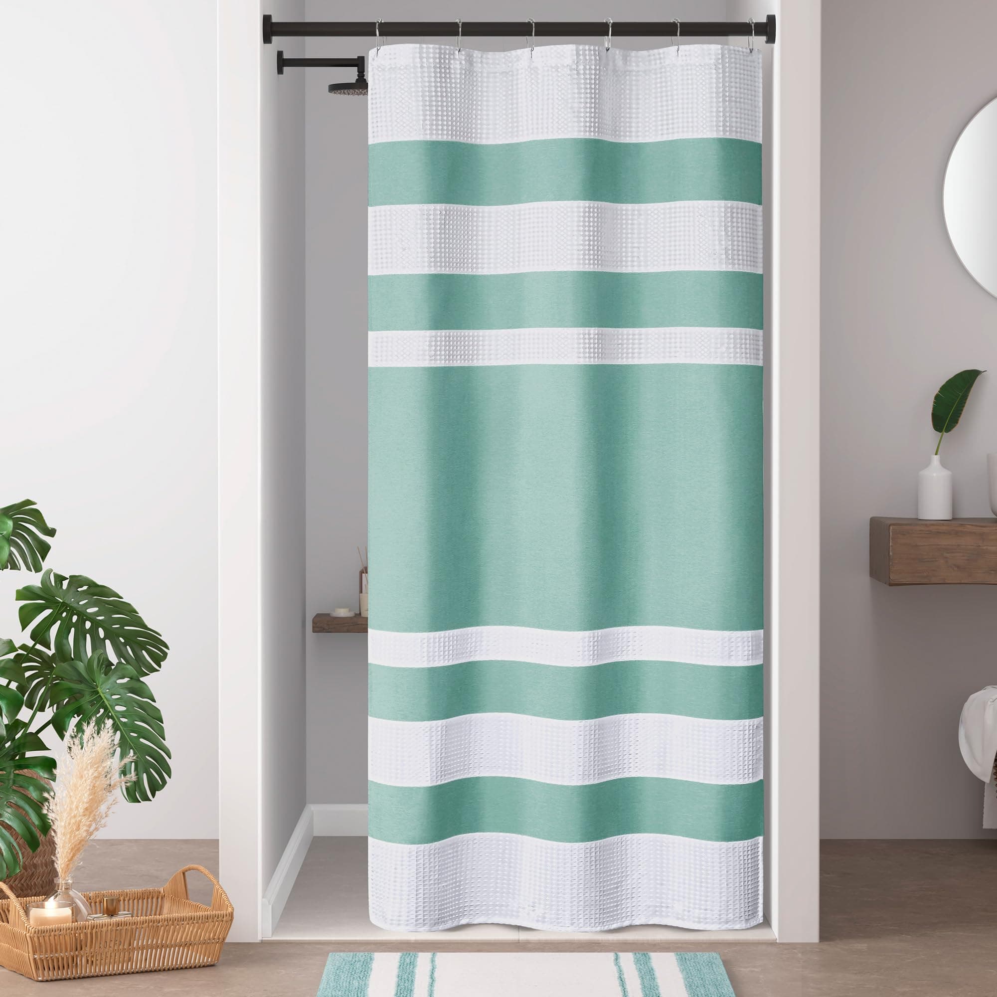 Madison Park Shower Curtain, Waffle Weave, Pieced Design Fabric Shower Curtain with 3M Scotchgard Moisture Management, Premium Spa Quality Modern Shower Curtains for Bathroom, Stall 54"x78" Aqua