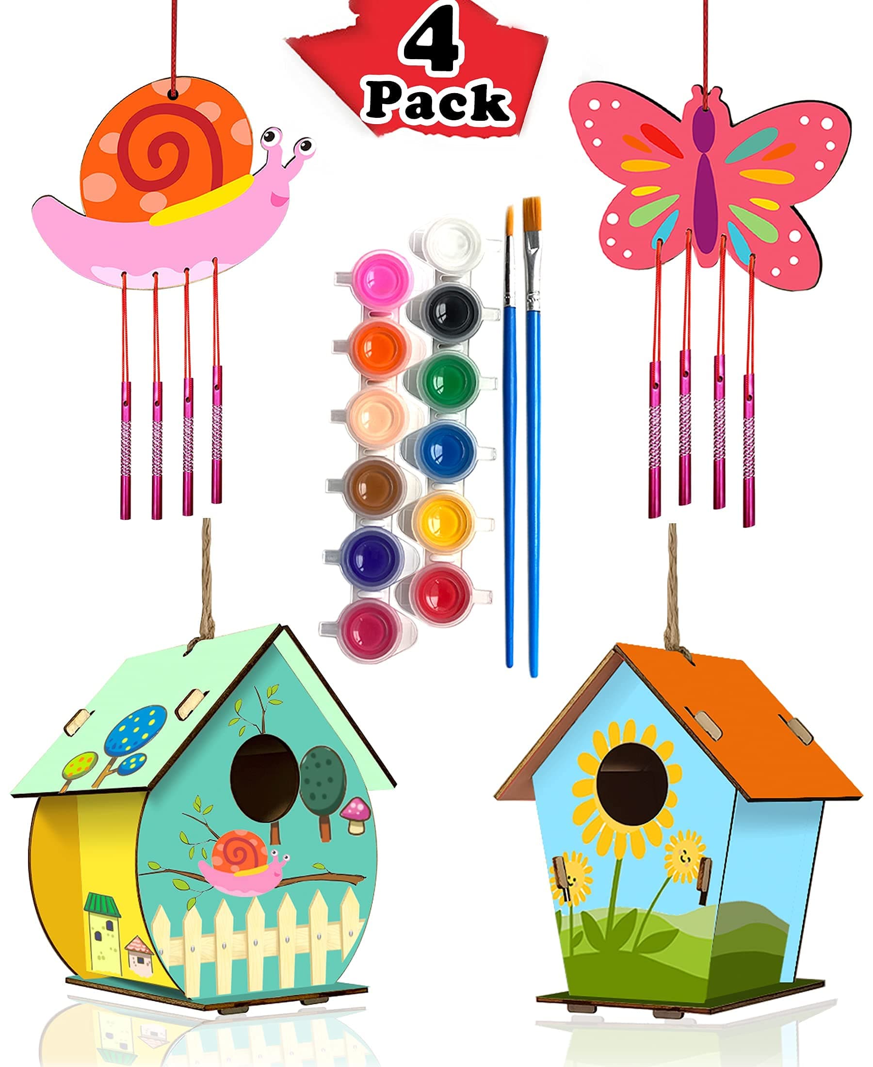 4 Pack DIY Bird House Wind Chime Kits for Children to Build and Paint, Wooden Arts and Crafts for Kids Girls Boys Toddlers Ages 8-12 4-6 6-8, Paint Kit Includes Paints & Brushes