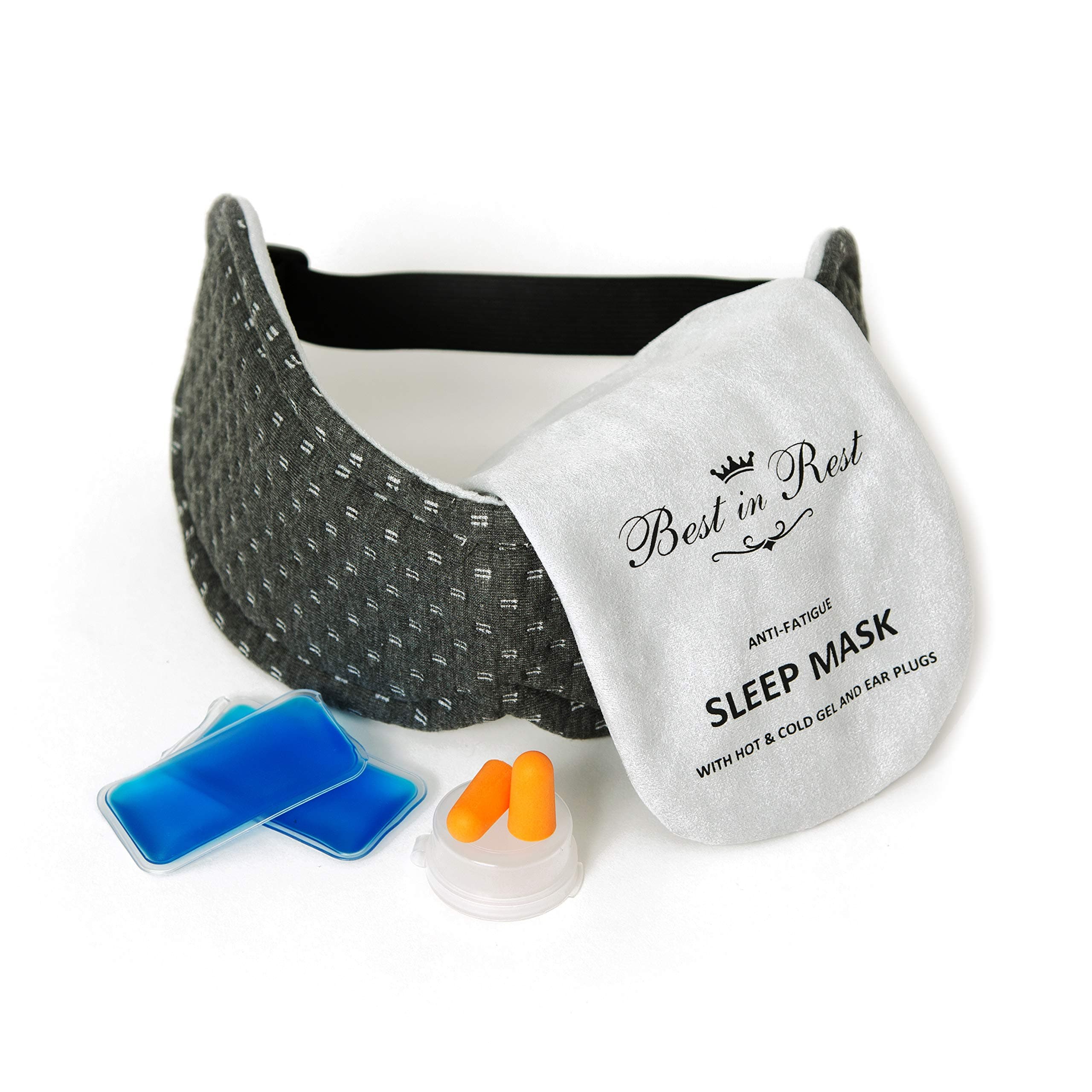 Luxury Sleep Eye Mask with Memory Foam lining, Hot & Cold Gel Inserts, and Ear Plugs - this sleep mask can be used as sleeping mask for women and men, travel eye mask, and eye mask for puffy eyes.