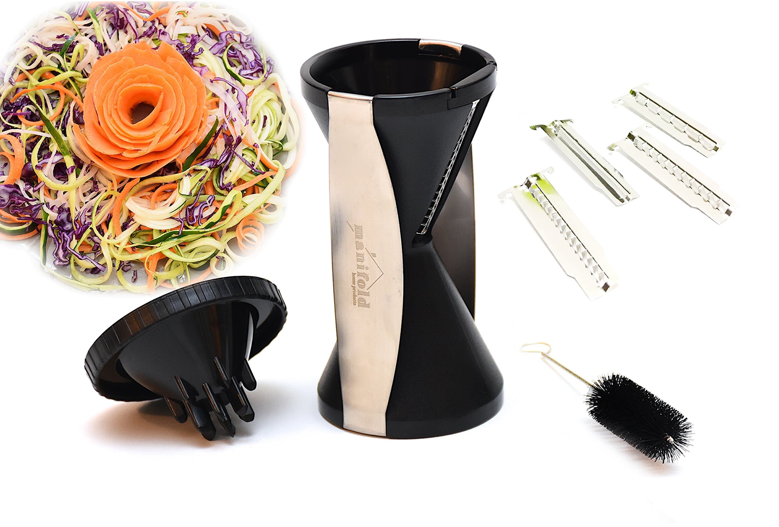 Handheld Spiralizer Vegetable Slicer with 4 Interchangeable Stainless Steel Blades - Spiralizes, Slices, Shreds, Cuts Ribbons, and Zoodles - Handheld Cleaning Brush - Dishwasher Safe (Black)