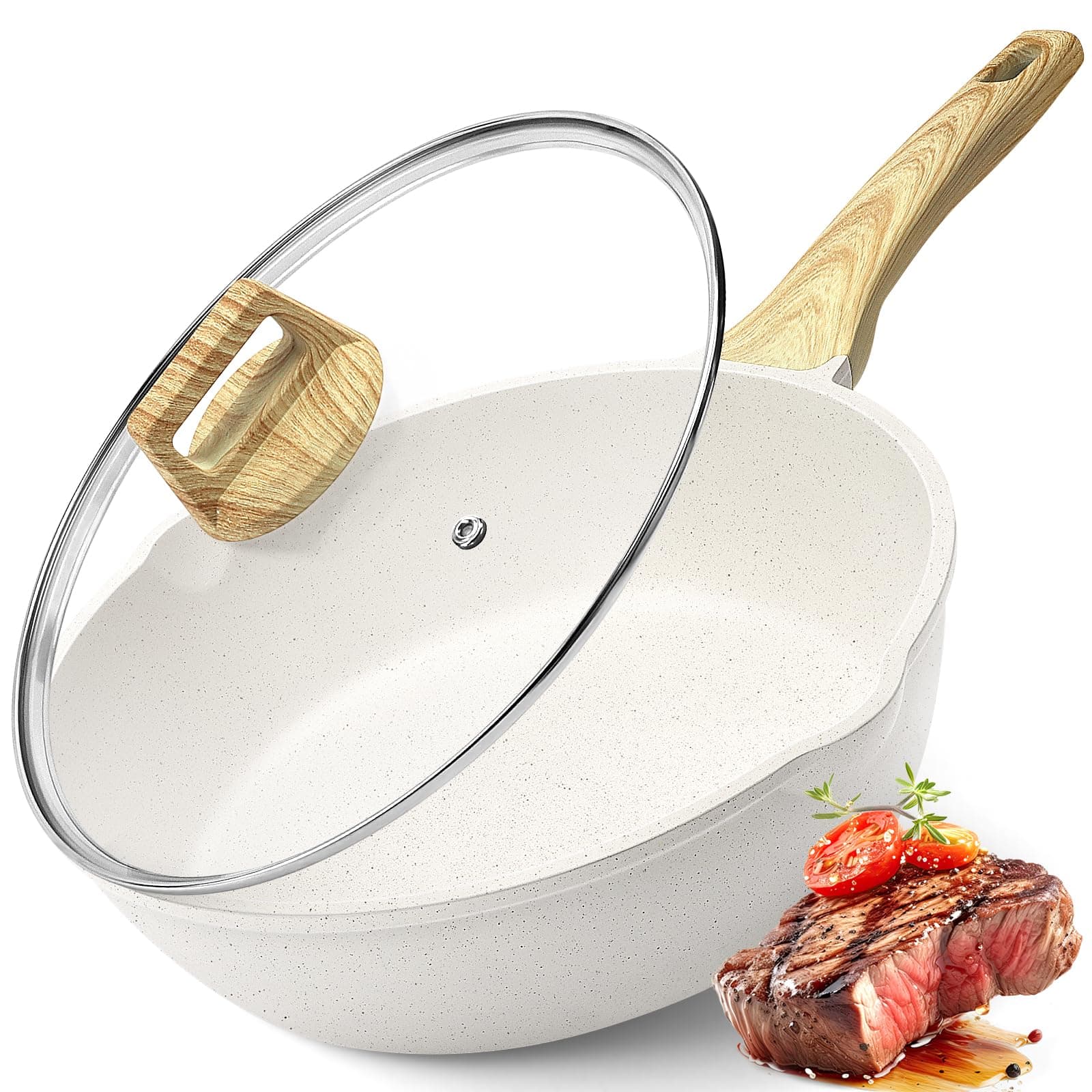 GiPP Nonstick Deep Frying Pan - 2.5L White Granite Saute Pan with Lid, Pour Spout and Stay-Cool Handle, Non Stick Skillet Non Toxic Cooking Pan Induction Cookware, PFOA Free(White, 24cm)