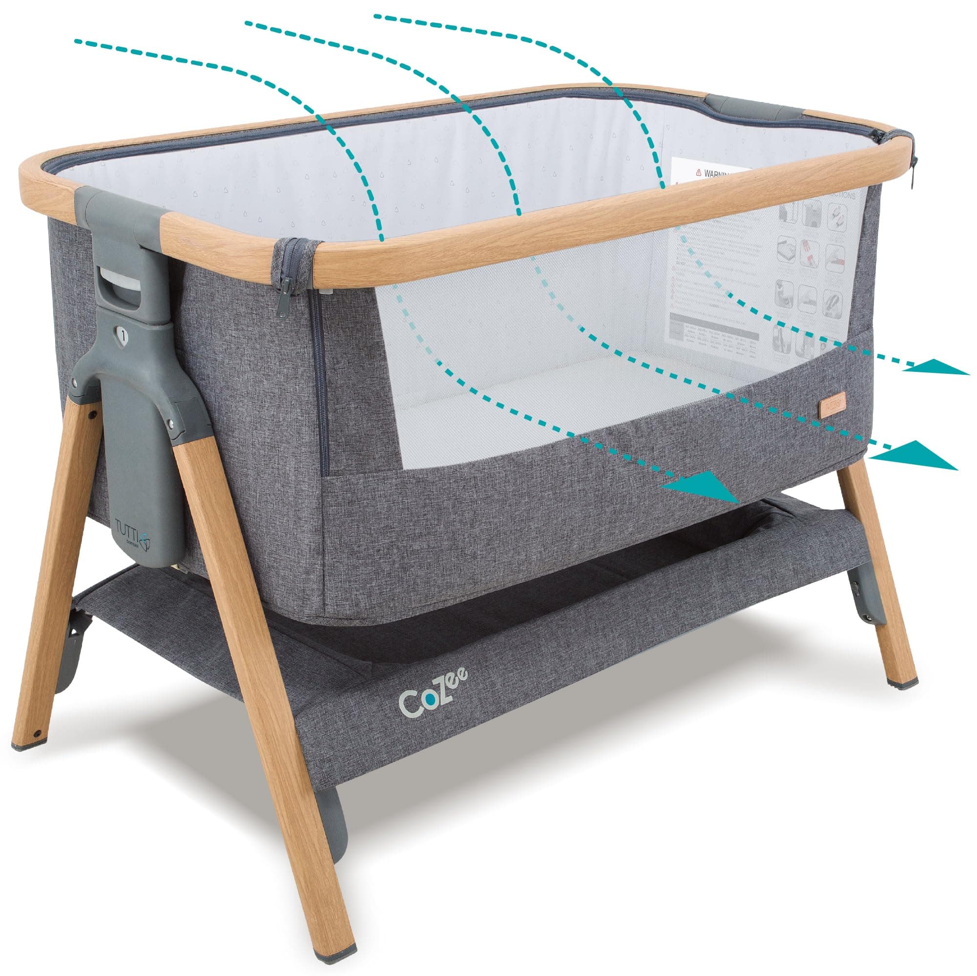 Tutti Bambini CoZee® Bedside Crib/Co-Sleeper with Breathable Mesh Window, Travel Bag and Easy Fold (Oak and Charcoal)