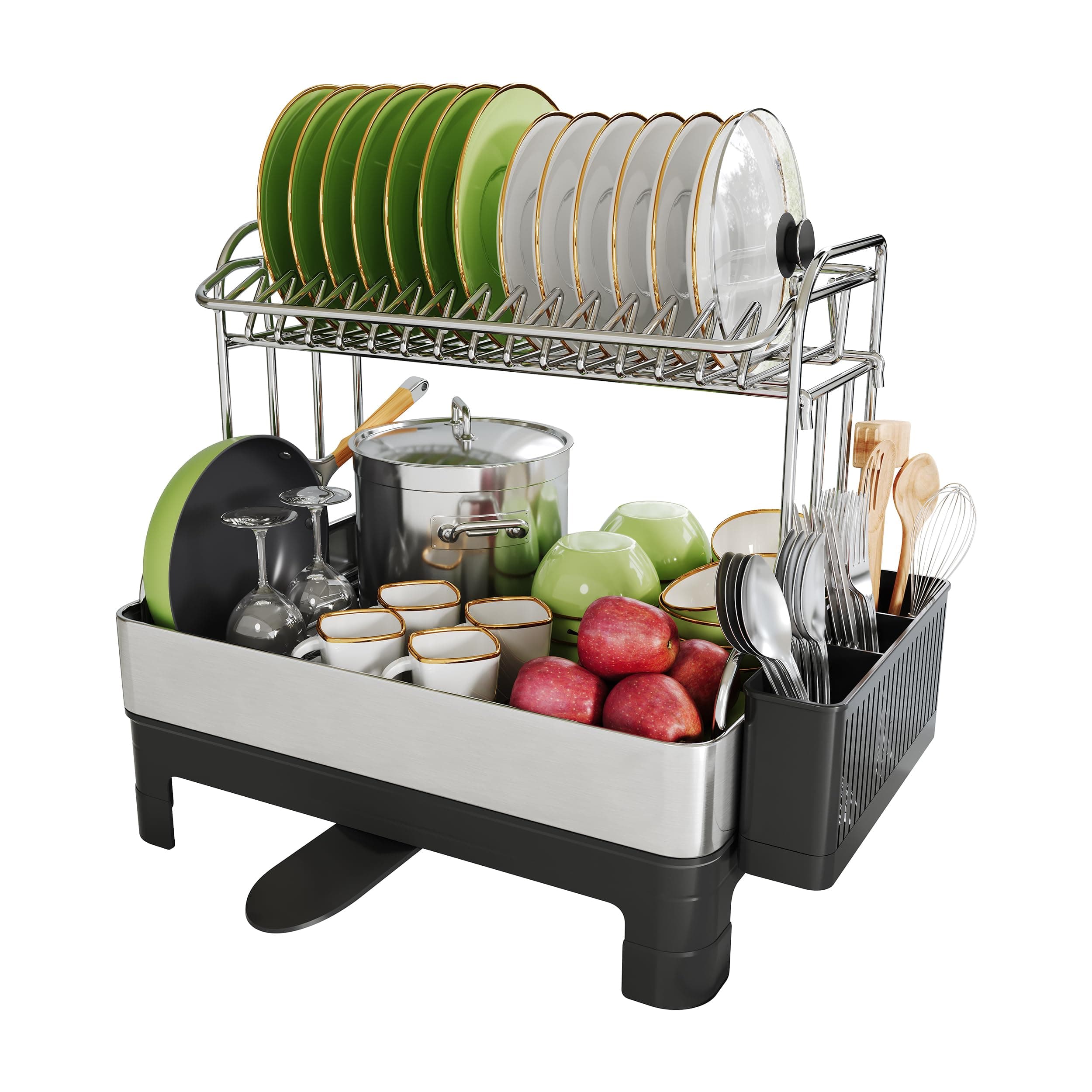 Extra Large Two Tier Stainless Steel Dish Drainer Drying Rack with Drainboard for Kitchen Counter, Modern Black and Silver, Rust Proof Metal, Space Saving Double Countertop Big Plates Dryer and Tray