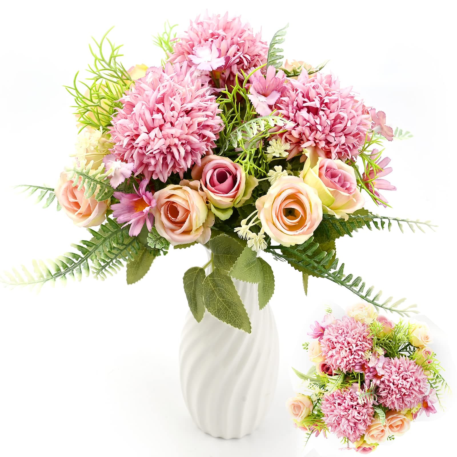 3 Bundles Artificial Flowers Mixed Rose Hydrangea Flower Bouquet Artificial Plants Flowers Decoration Fake Peony Silk Hydrangea Bouquet Decor for Home Wedding Office Table Decoration Gift