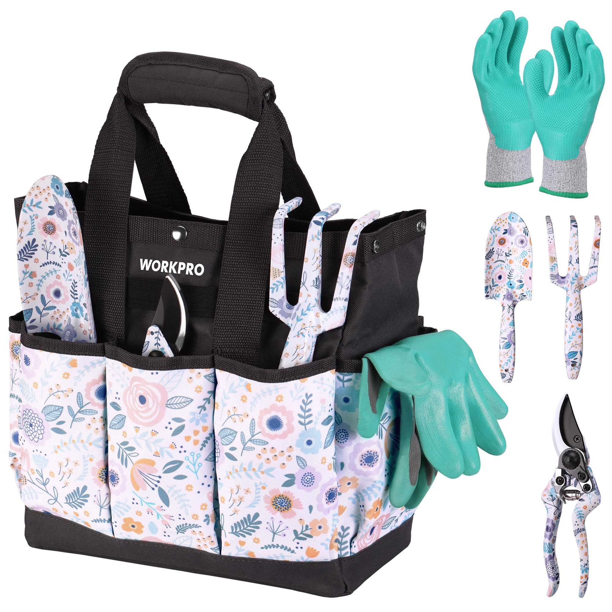 WORKPRO 5PCS Garden Tool Set, Aluminum Heavy Duty Gardening Tool Set with Garden Tool Bag, Outdoor Garden Hand Tools, Ideal Garden Tool Kit Gifts