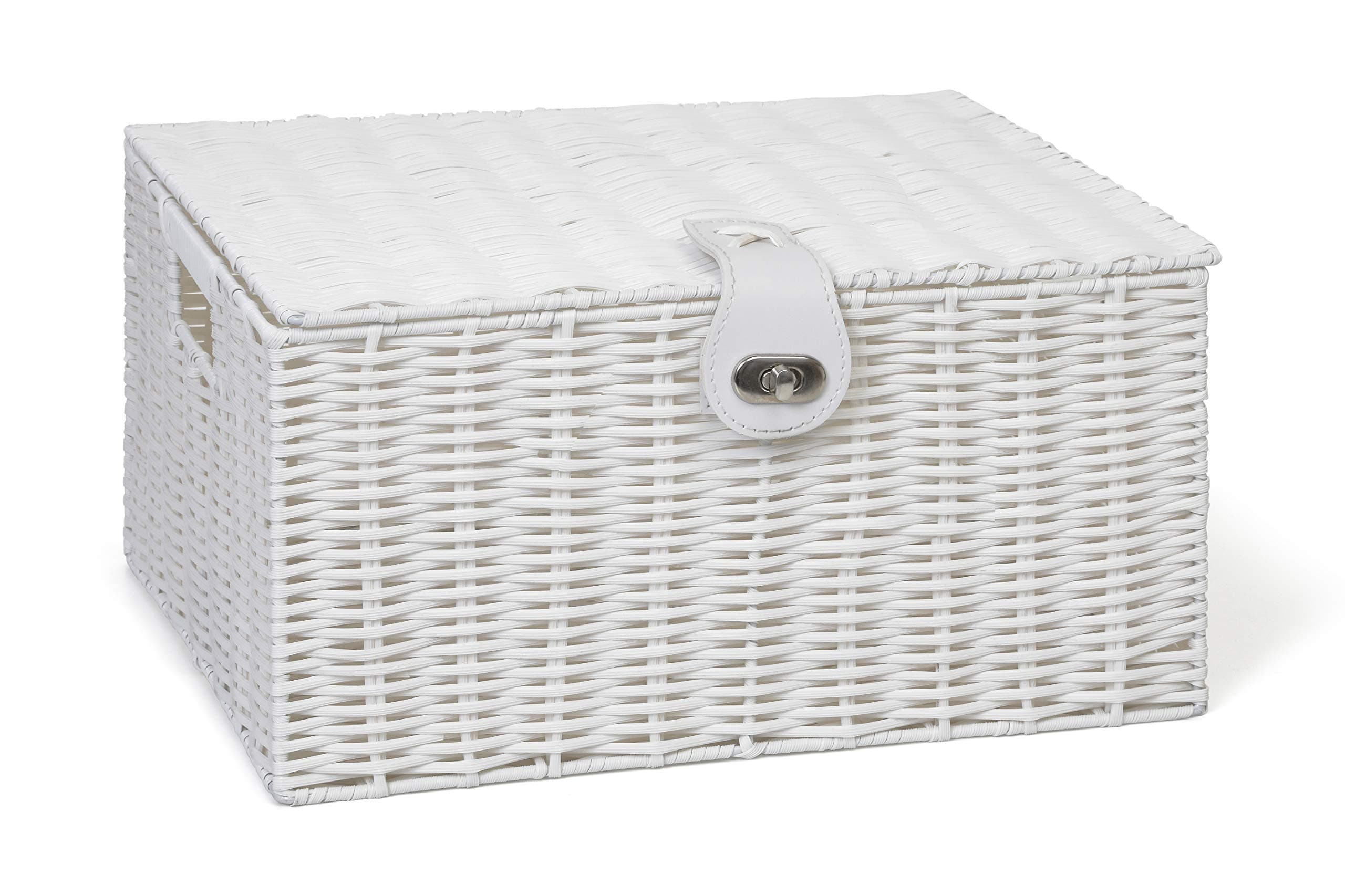 ARPAN Large Resin Woven Storage Basket Box With Lid & Lock - White