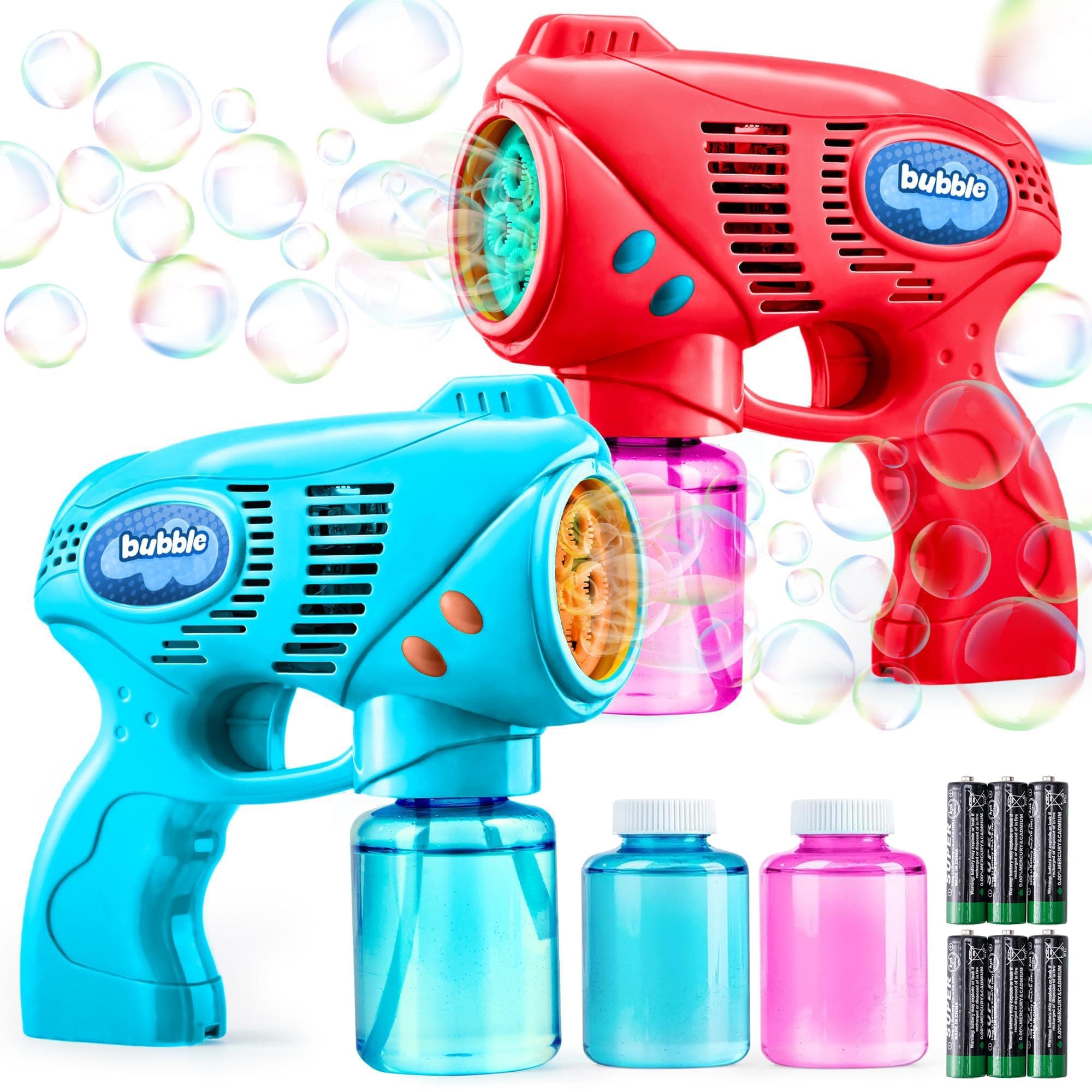 JOYIN 2 Bubble Gun for Children with Bubble Liquid (2 x 148 ml), Soap Bubble Machine for Party, Bubble Gun for Summer Party, Indoor Outdoor Activities, Easter (Blue + Red)