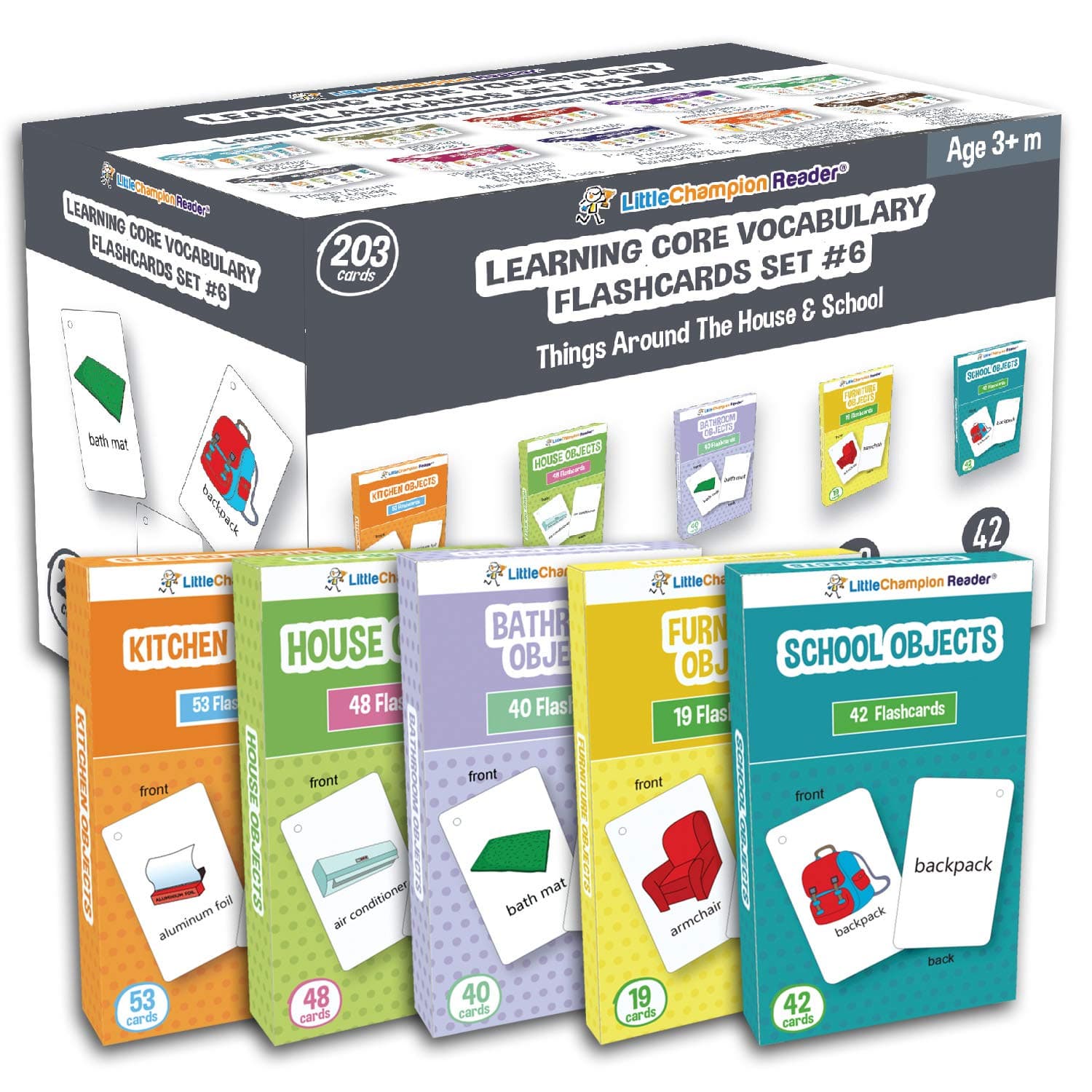 Little Champion Reader Set 6 Flash Cards for Toddlers - 203 Kitchen, House, Bathroom, Furniture & School Common Object Flash Cards - Learning for Baby Toddler Preschool Kindergarten