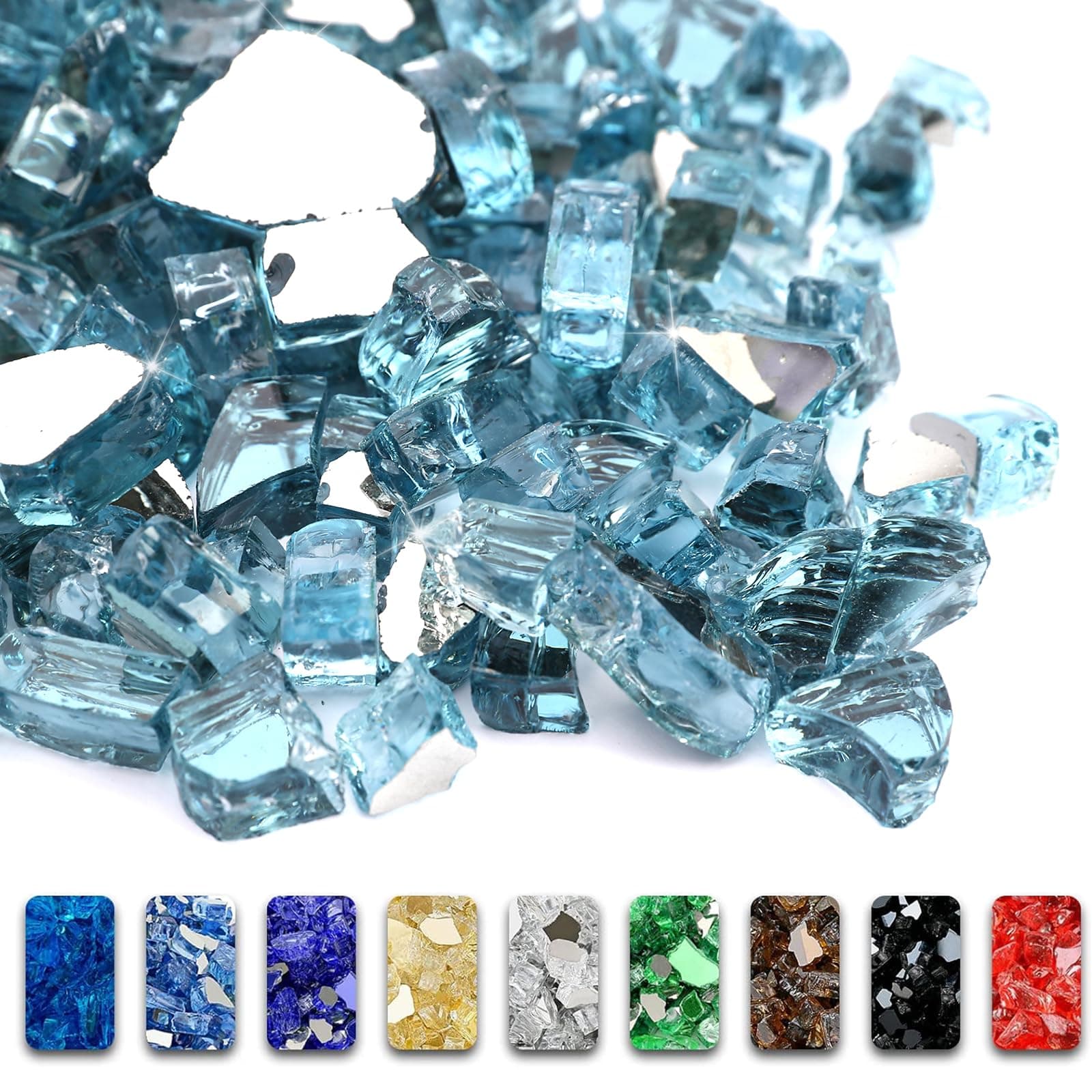 GRISUN Aqua Blue Fire Glass for Fire Pit , 1/2 Inch High Luster Reflective Tempered Glass Rocks for Natural or Propane Fireplace, Safe for Outdoors and Indoors Firepit Glass, 10 Pounds