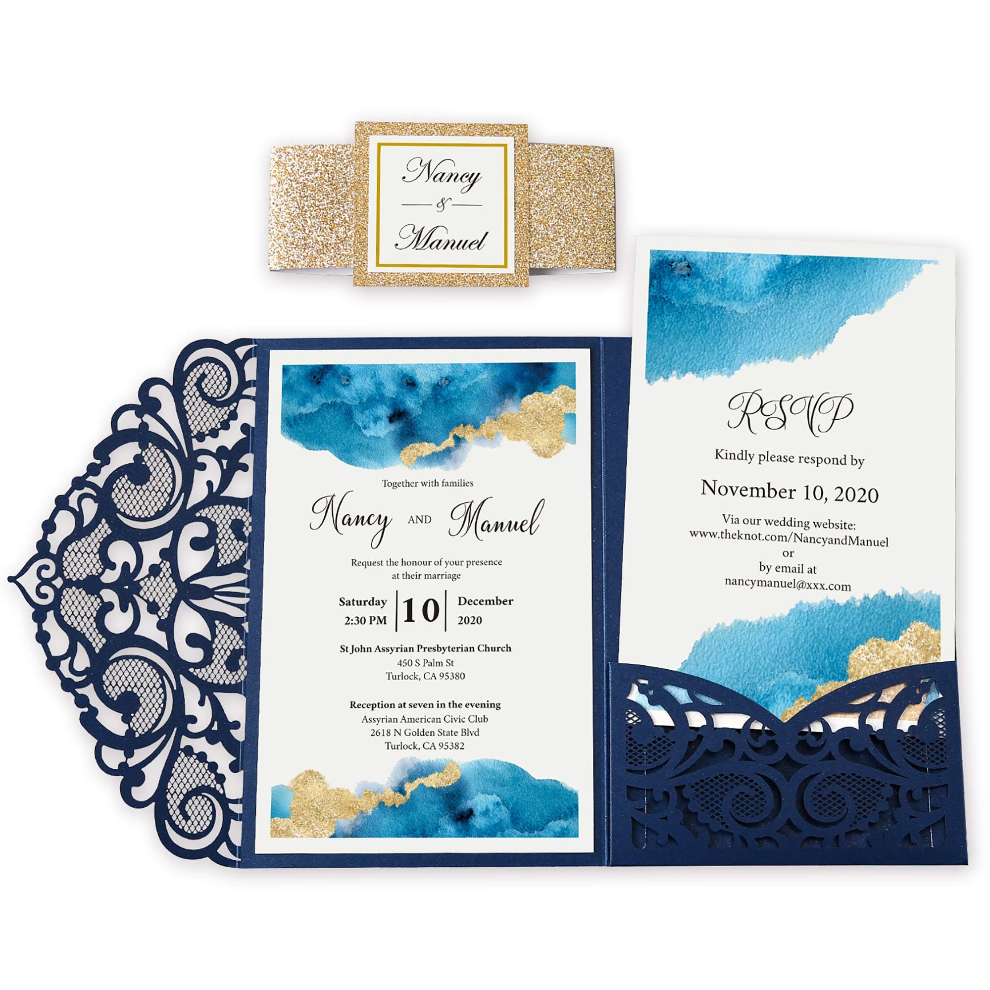 DORIS HOME 50PCS Laser Cut Wedding Invitations with Envelopes and RSVP Cards BLANK Inner With Gold Glitter Belly Band for Wedding Engagement Bridal Shower Party Invite 4.7x7 Inch Navy Blue