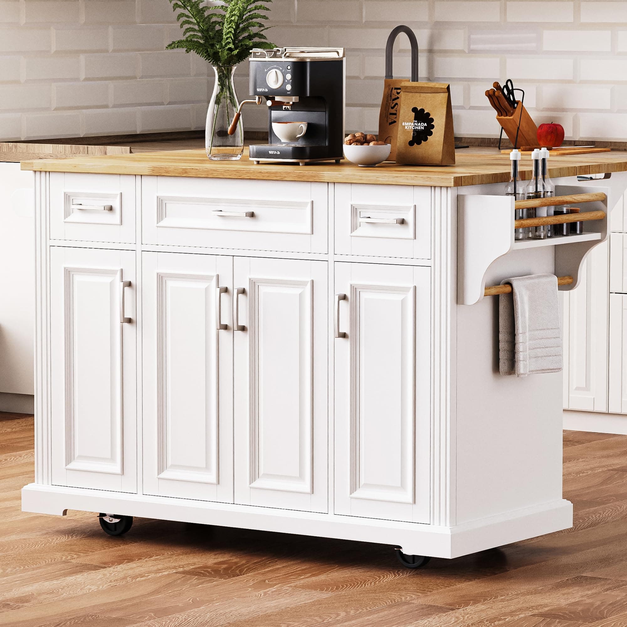 54inch Kitchen Island with 11.8" Drop Leaf, 4 Doors and 3 Deep Drawers, Embossed Texture Rolling Kitchen Cart on 4 Wheels, Moveable & Stationary Kitchen Island for Kitchen, Dining Room (White/268)