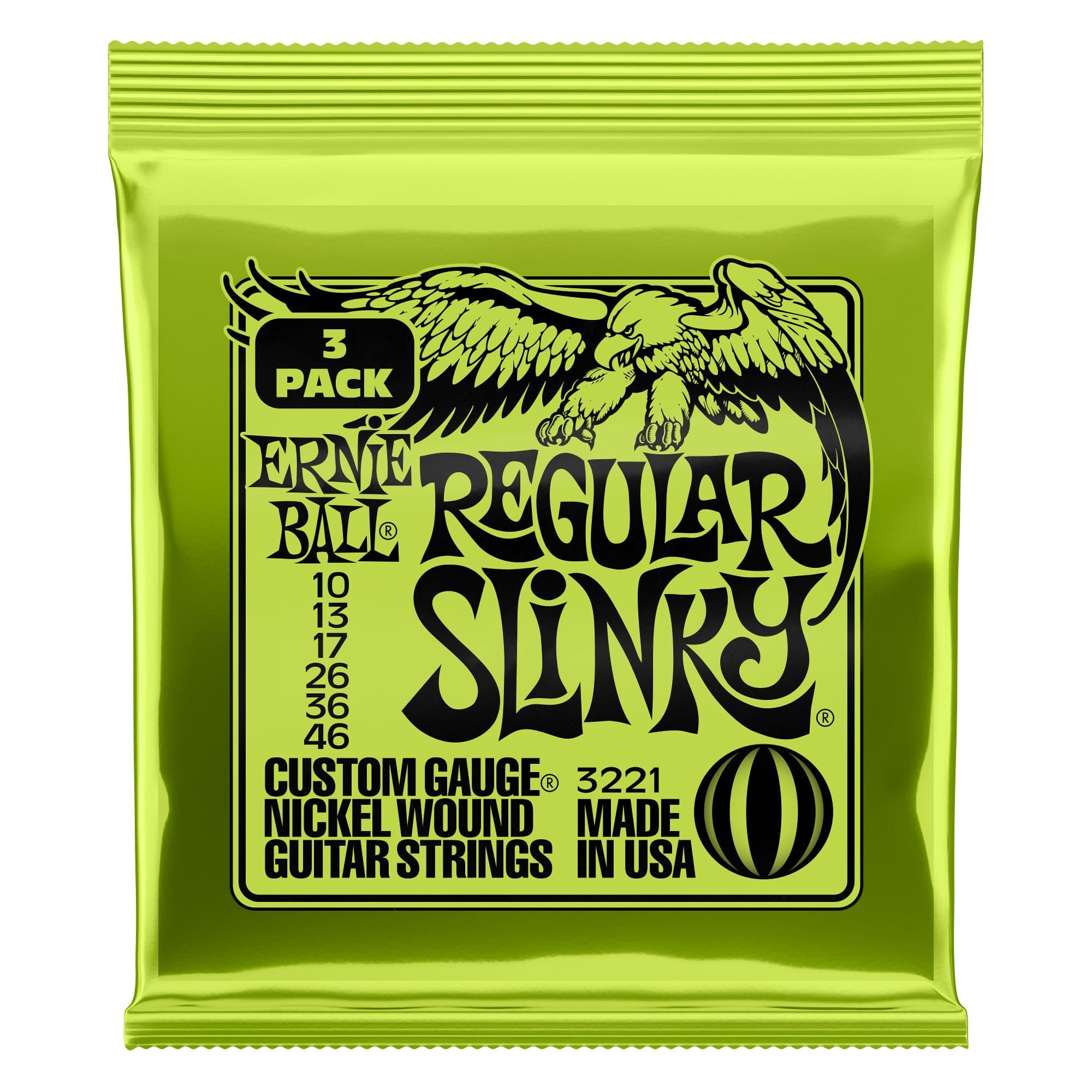 Ernie Ball Regular Slinky Nickel Wound Electric Guitar Strings 3-pack, 10-46 Gauge (P03221)