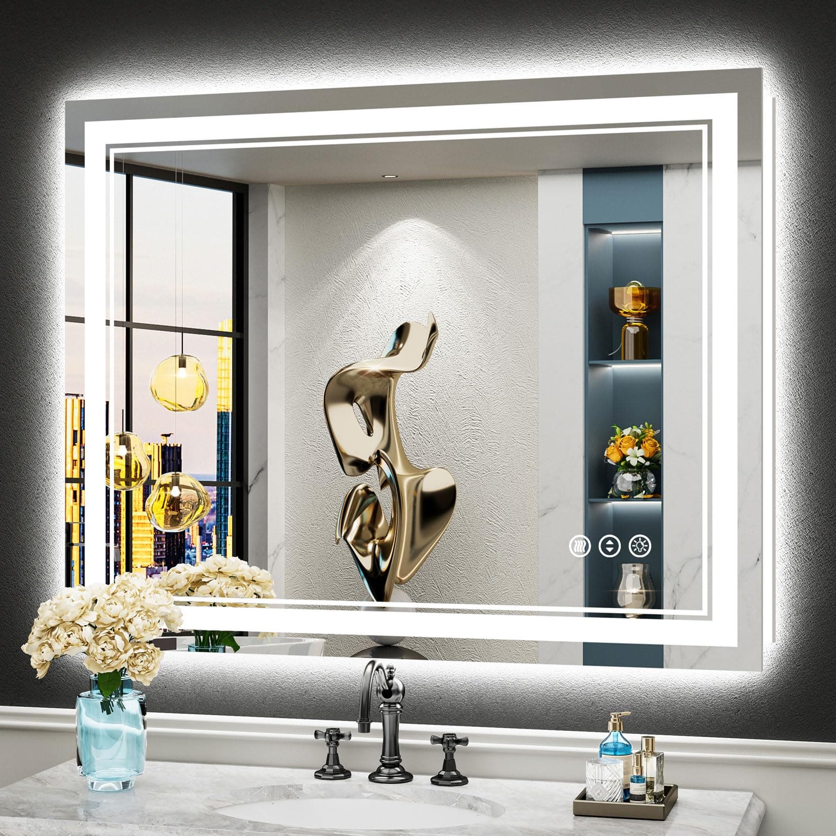 40x32 LED Bathroom Mirror with Lights, Backlit and Front Lit Anti-Fog Lighted Vanity Mirrors for Bathroom Wall, Dimmable, 3-Color Light, Memory, Shatter-Proof, HD Tempered Glass, CRI>90