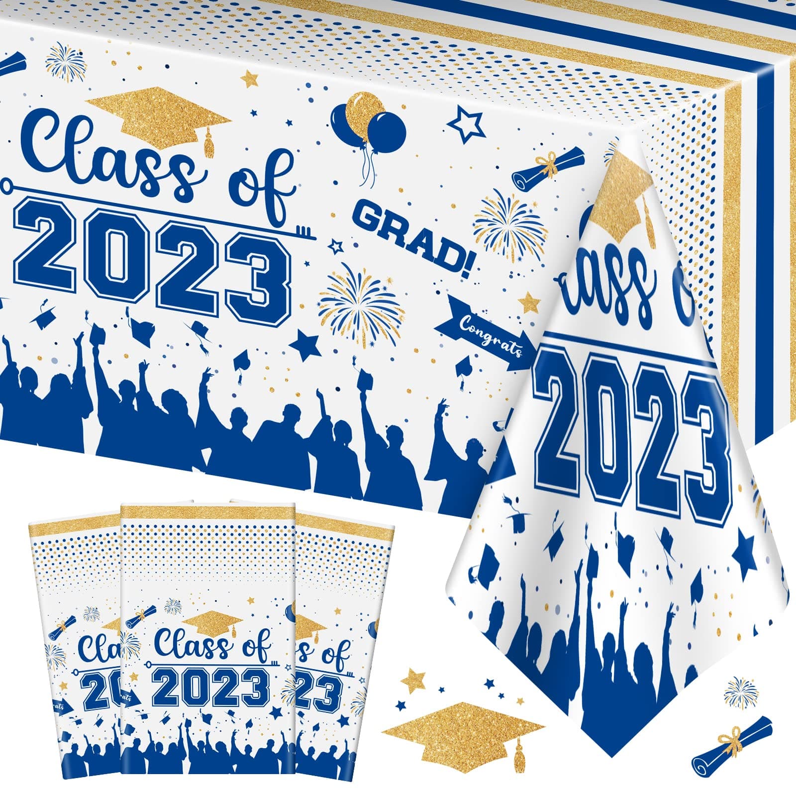 PERFQUGraduation Decorations Class of 2025 Tablecloth - 3 Pcs Plastic Congrats Grad Table Cloth, Graduation Table Cover for Graduation Party Decorations 2025 and Party Supplies, 54"x108" (Blue and Gold)