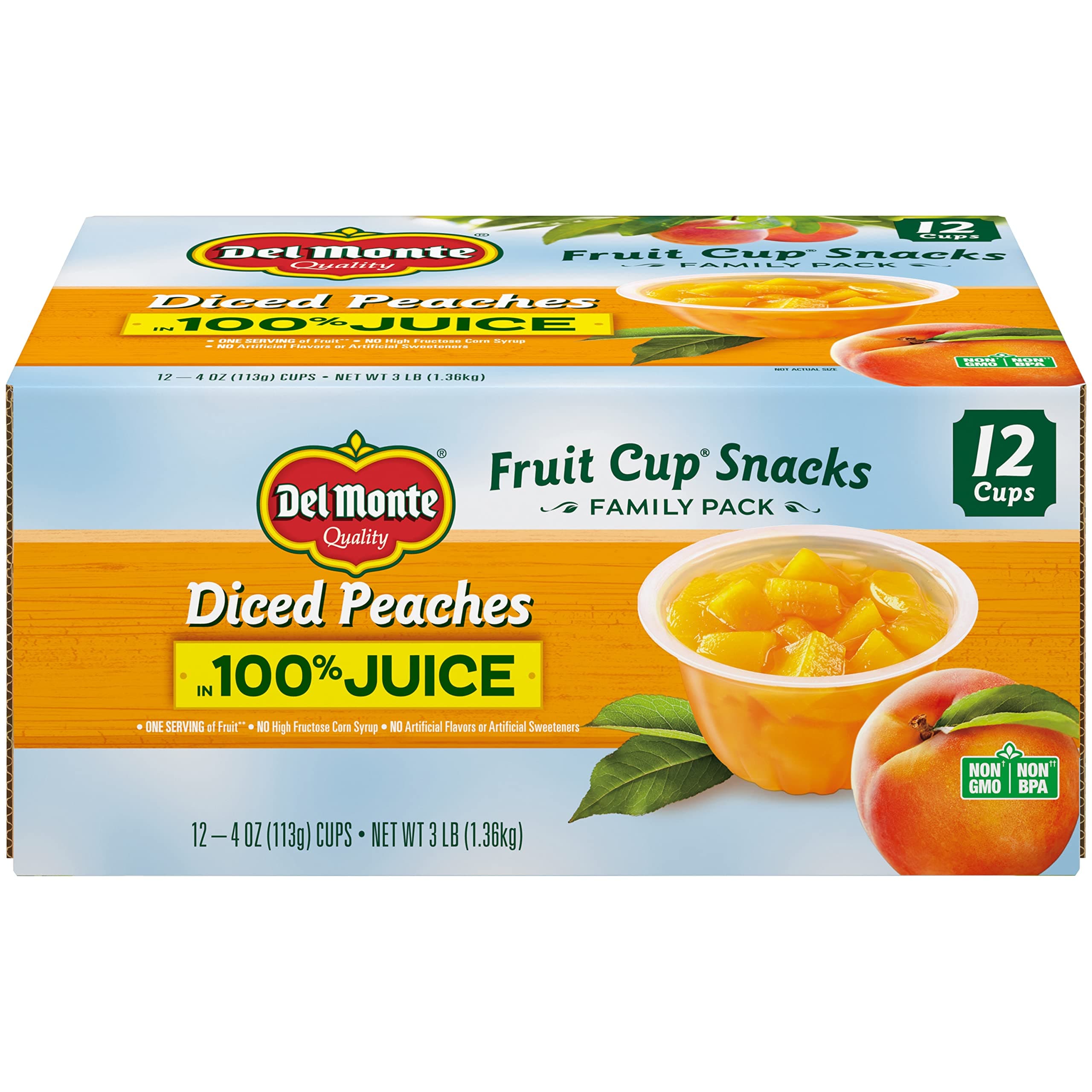 Diced Peaches FRUIT CUP Snacks in 100% Fruit Juice, 12 Pack, 4 oz