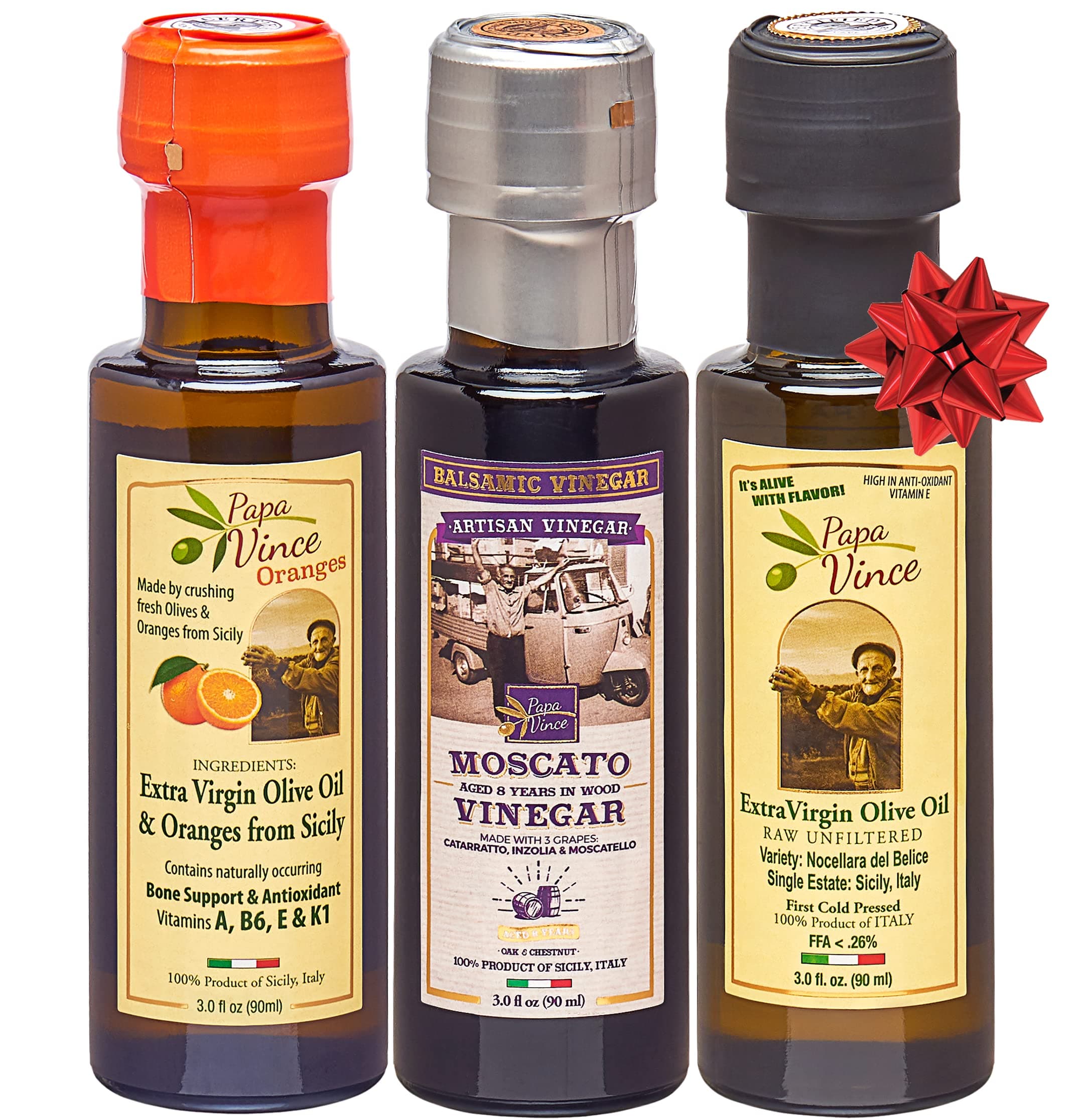 Papa Vince- Made in Sicily - 3 Small Bottles (90ml Each) Gourmet Travel/Gift Pack. Extra Virgin Olive Oil & EVOO Lemon Blend & Moscato Vinegar - 100% Natural.
