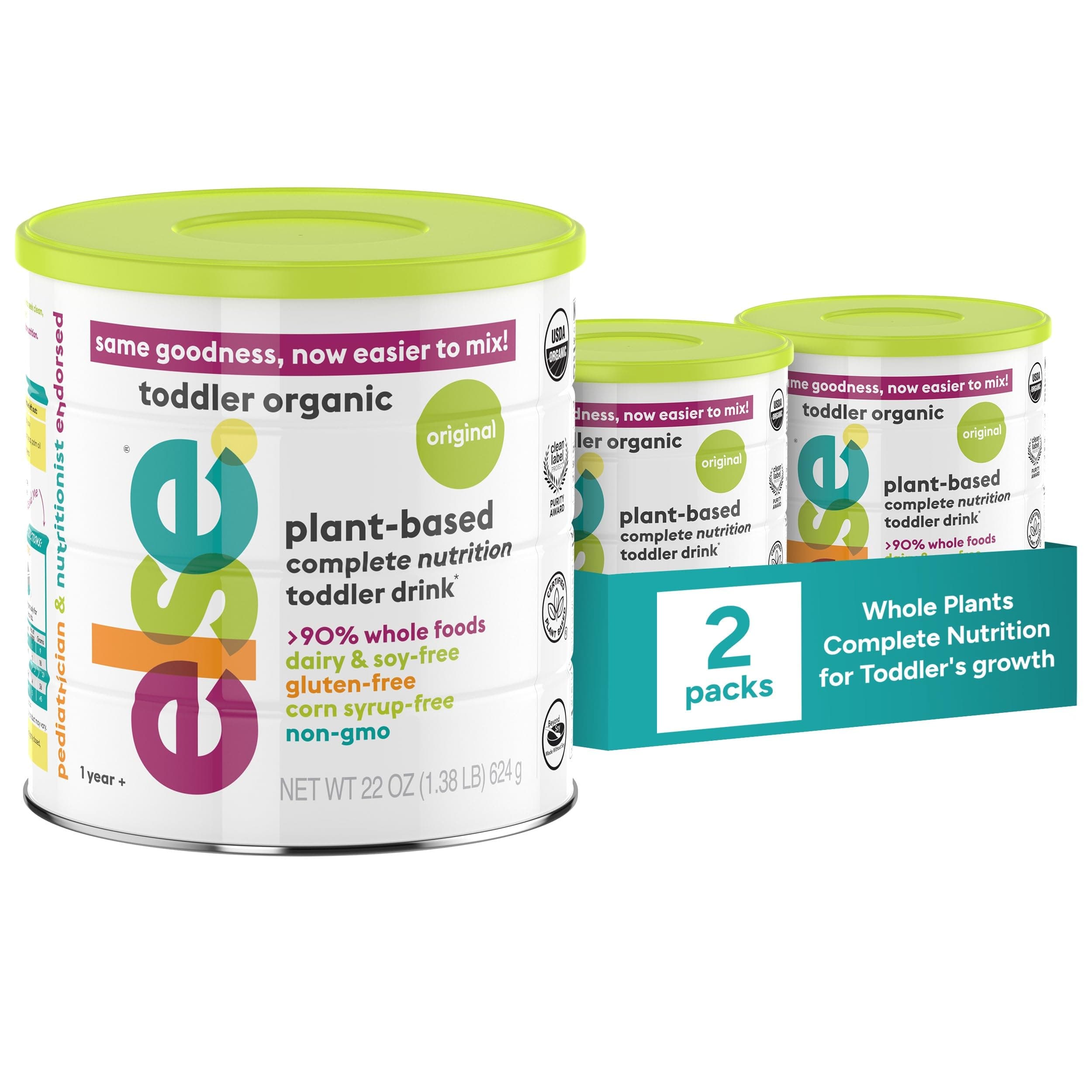 Else Nutrition Organic Toddler Formula, Plant-Based Original Nutritional Drink 12–36 Months Dairy & Soy Free, Supports Immunity & Balanced Growth, 20+ Essential Vitamins | Made in US (22oz, Pack of 2)