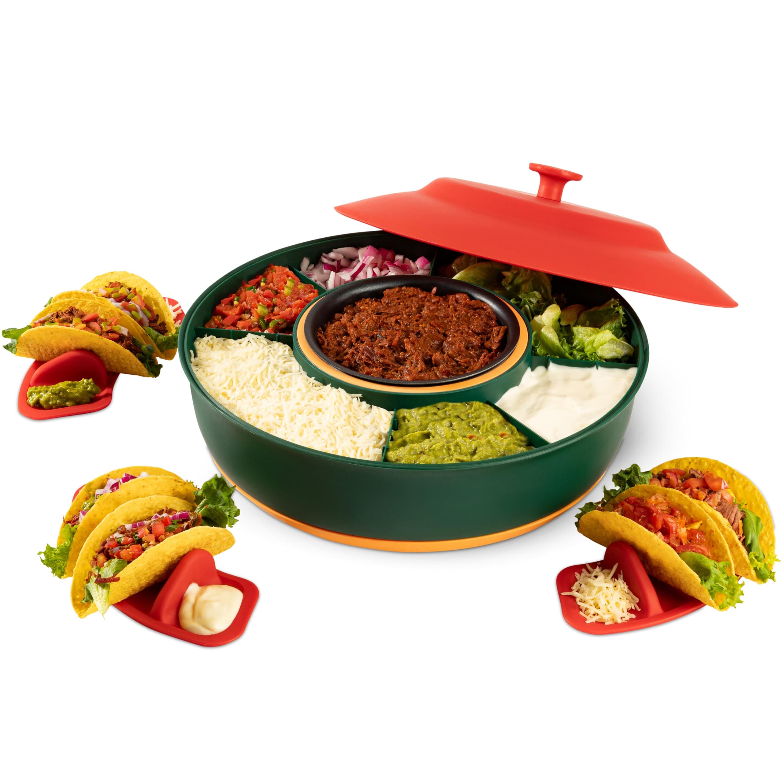 Kusini Taco Tuesday Kit - Taco Bar Serving Set for a Party - 30oz Heated Pot, 4 Taco Holders, & Detachable Lazy Susan Tray - Taco Night Fiesta – Unique Couple & Housewarming Gift Set Ideas