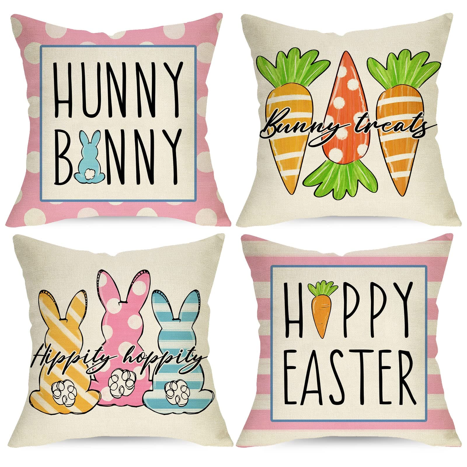 Ussap Happy Easter Hunny Bunny Pink Decorative Throw Pillow Covers 16 x 16 Set of 4, Rabbit Hippity Hoppity Cushion Case Decor, Bunny Treats Carrots Spring Home Decoration for Sofa Couch