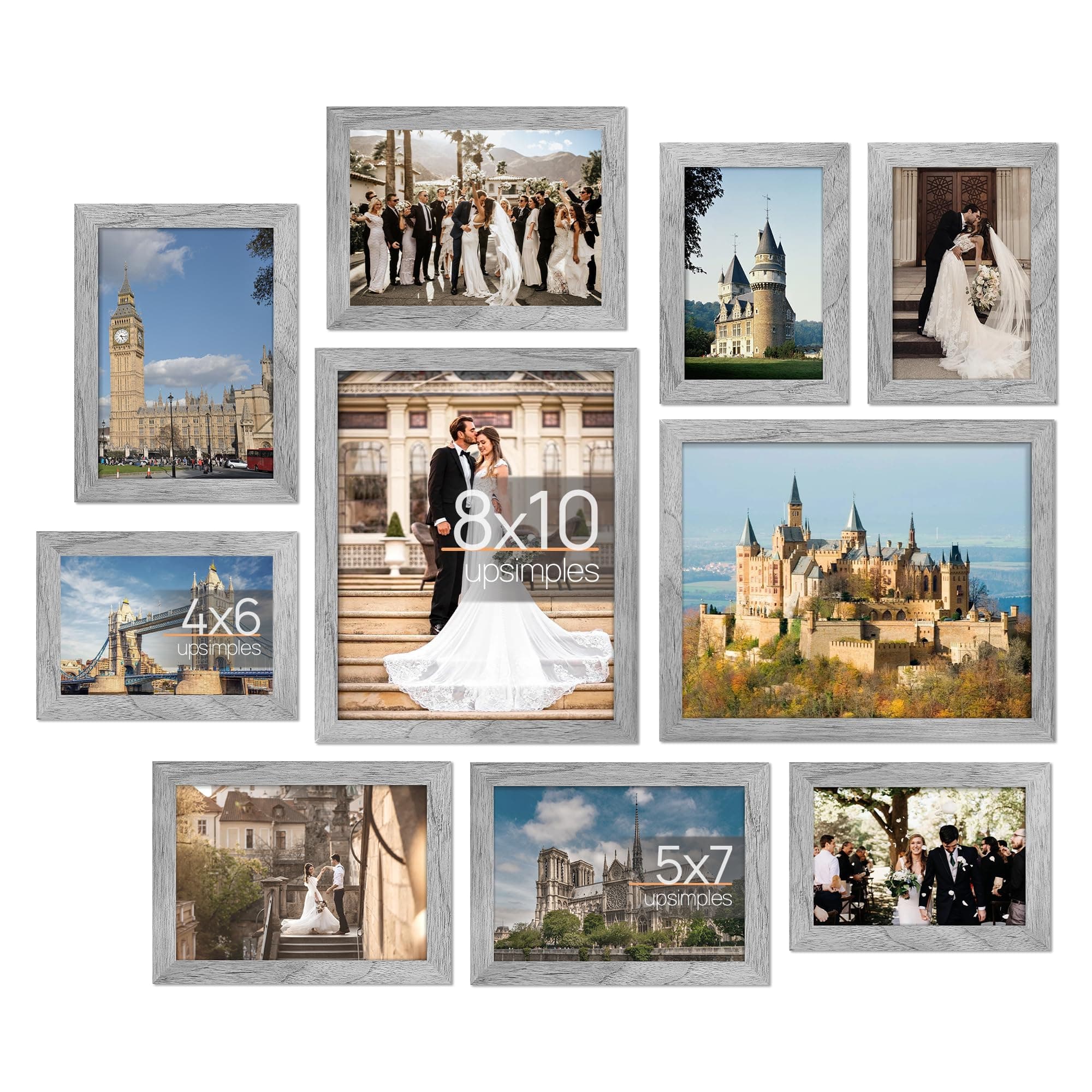 upsimples 10 Pack Picture Frames Collage Wall Decor for Mounting or Tabletop Display, Photo Gallery Frame Set for Family, Multi Sizes Including 8x10, 5x7, 4x6, Gray