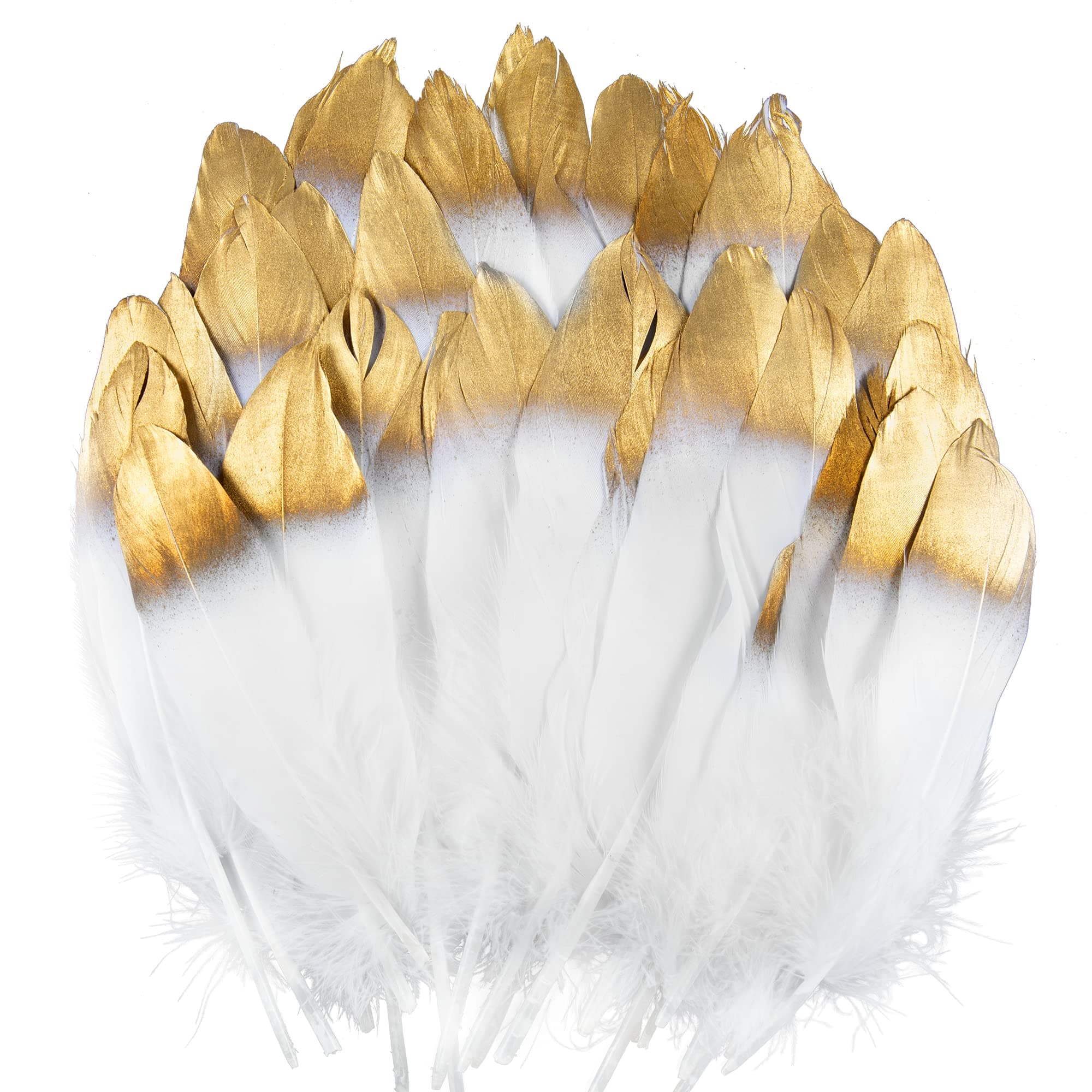 UNEEDE 42 Pcs Gold Dipped White Glitter Feather Goose Real Feather Christmas Decoration Natural Craft Art Soft Native Feather Accessories for Christmas, DIY, Party, Wedding, Dream Catcher