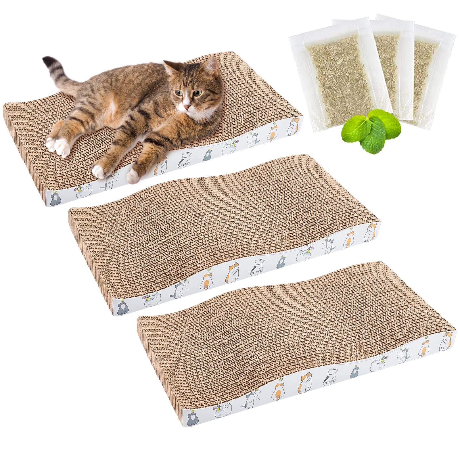 3 Pack Cat Scratcher Pads Reversible Corrugate Cat Scratch Cardboard Recycle Durable Cat Scratching Pad Replacement For Indoor Cats And Kittens (Wave)